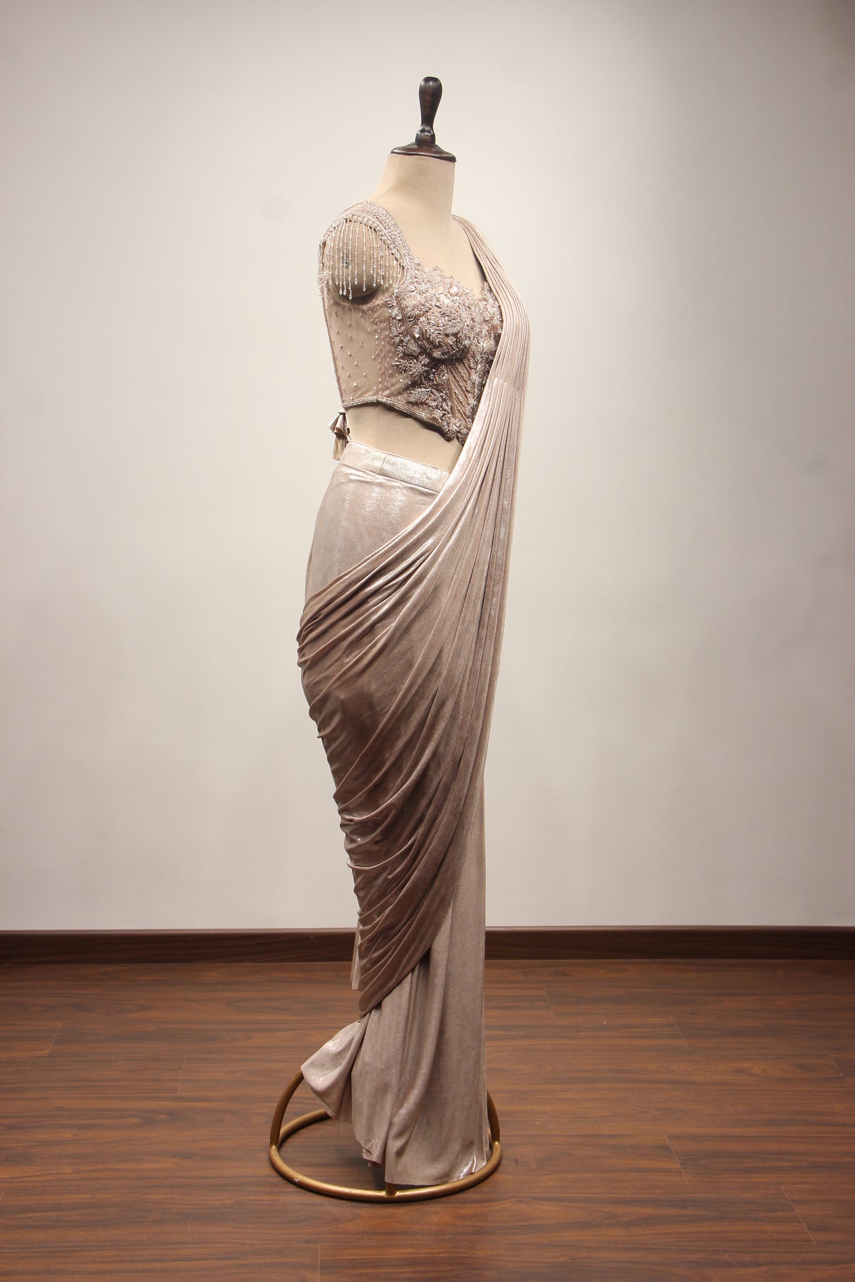 Coffee Imported Drape Saree with Hand Embroidery & Cut Dana Handwork – side view