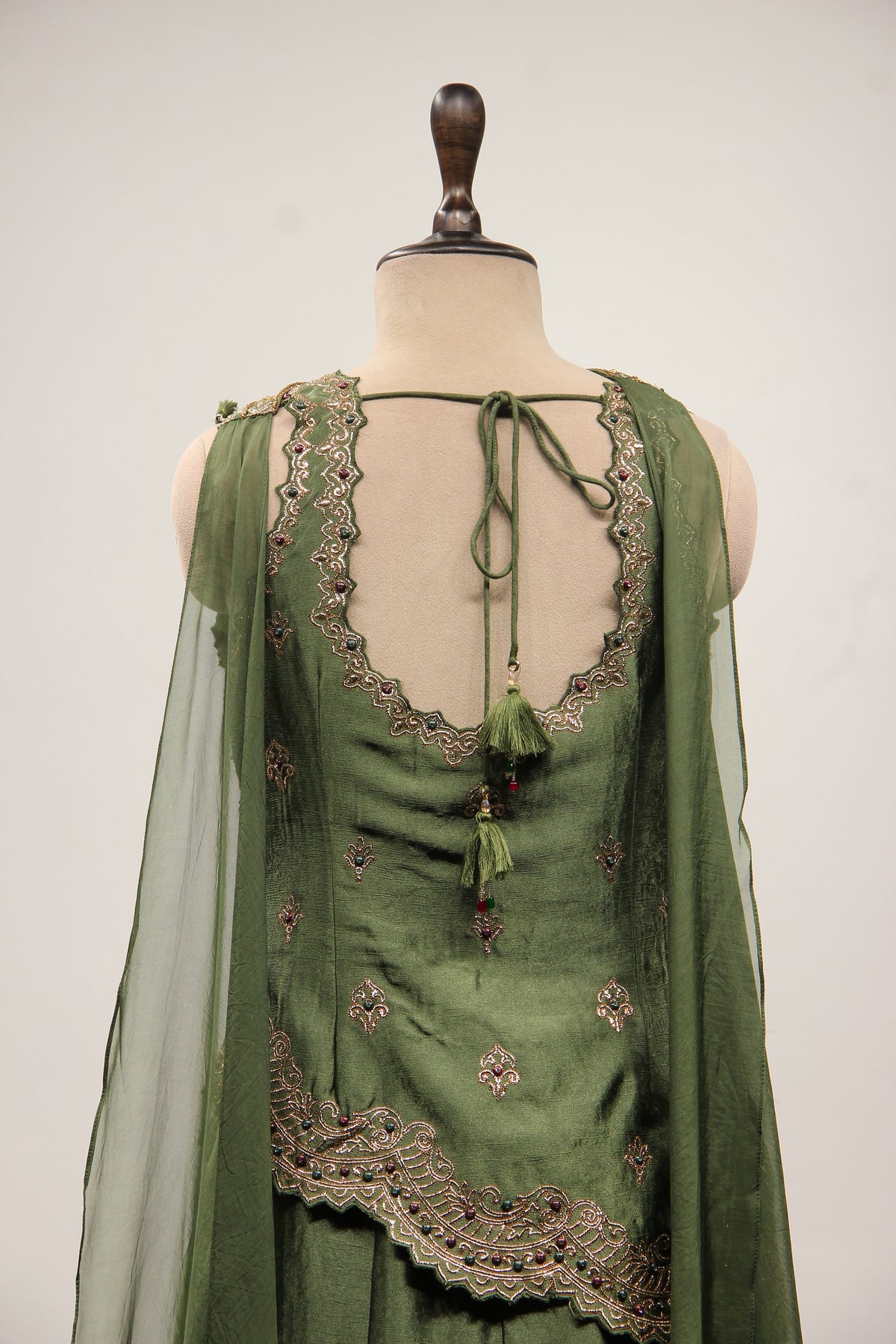 Green Satin Sharara Suit with Zari & Cut Dana Handwork Choker Dupatta – back close-up