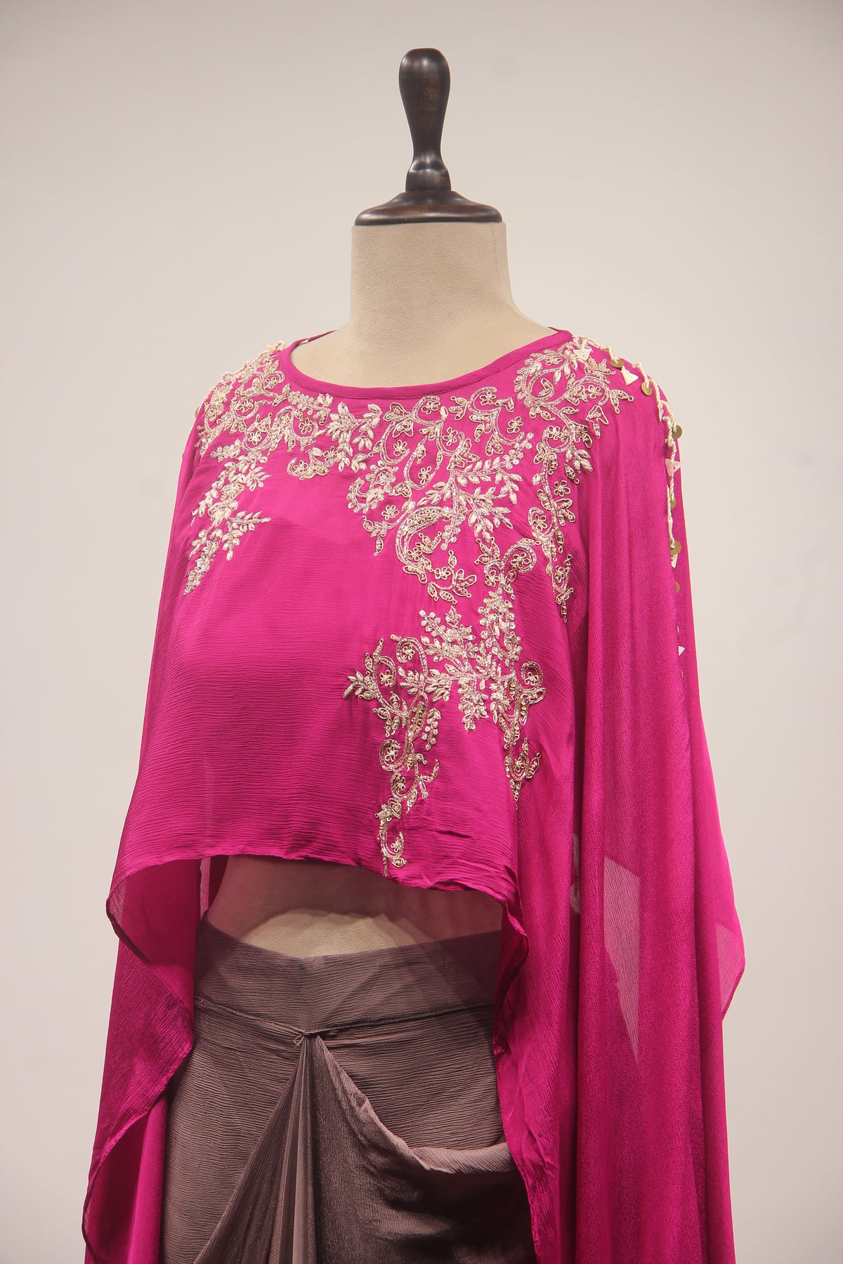 Fuchsia Pink Gota Patti & Zari Embroidered Full-Sleeve Top with Draped Cowl Skirt