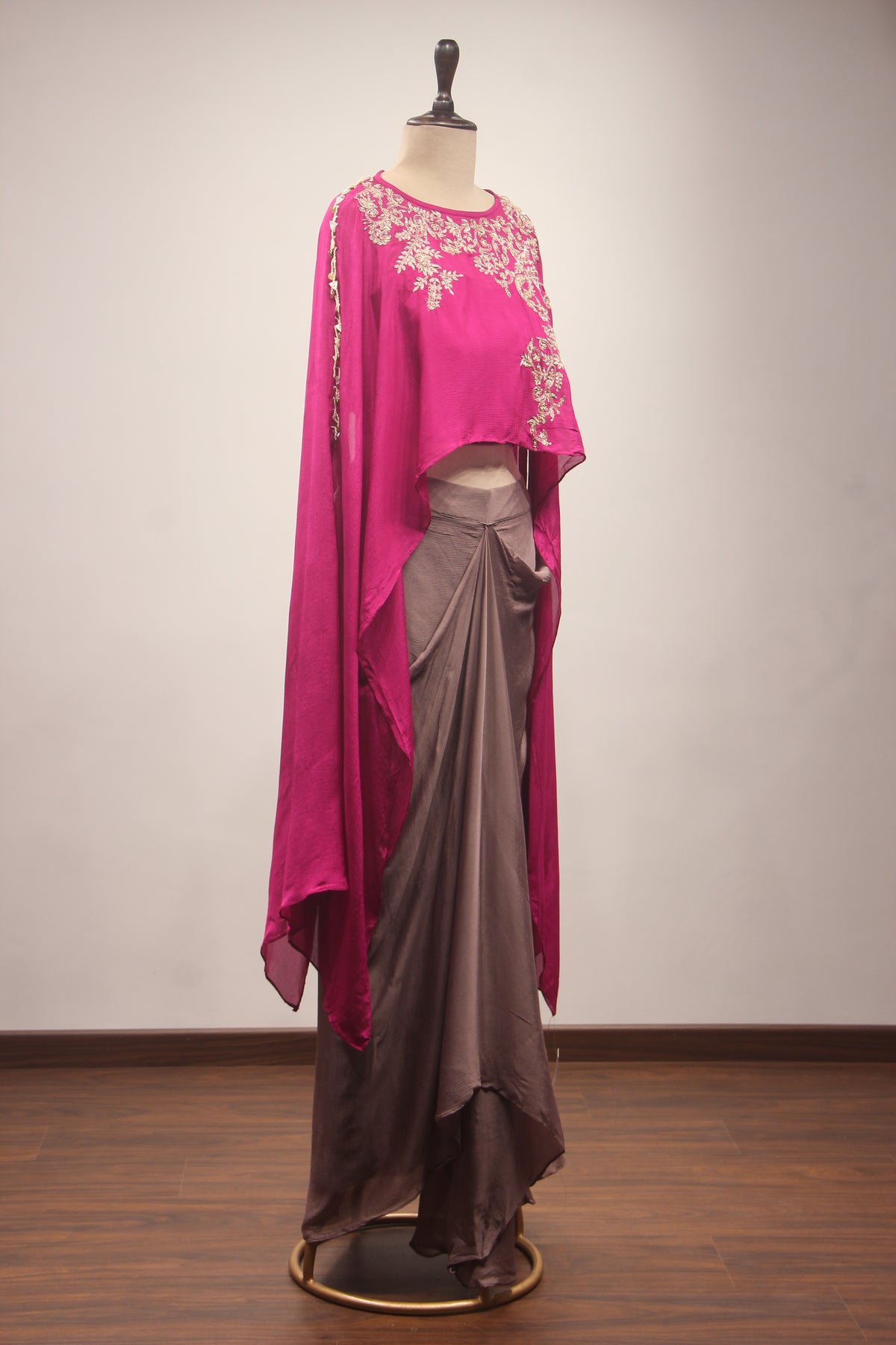 Fuchsia Pink Gota Patti & Zari Embroidered Full-Sleeve Top with Draped Cowl Skirt