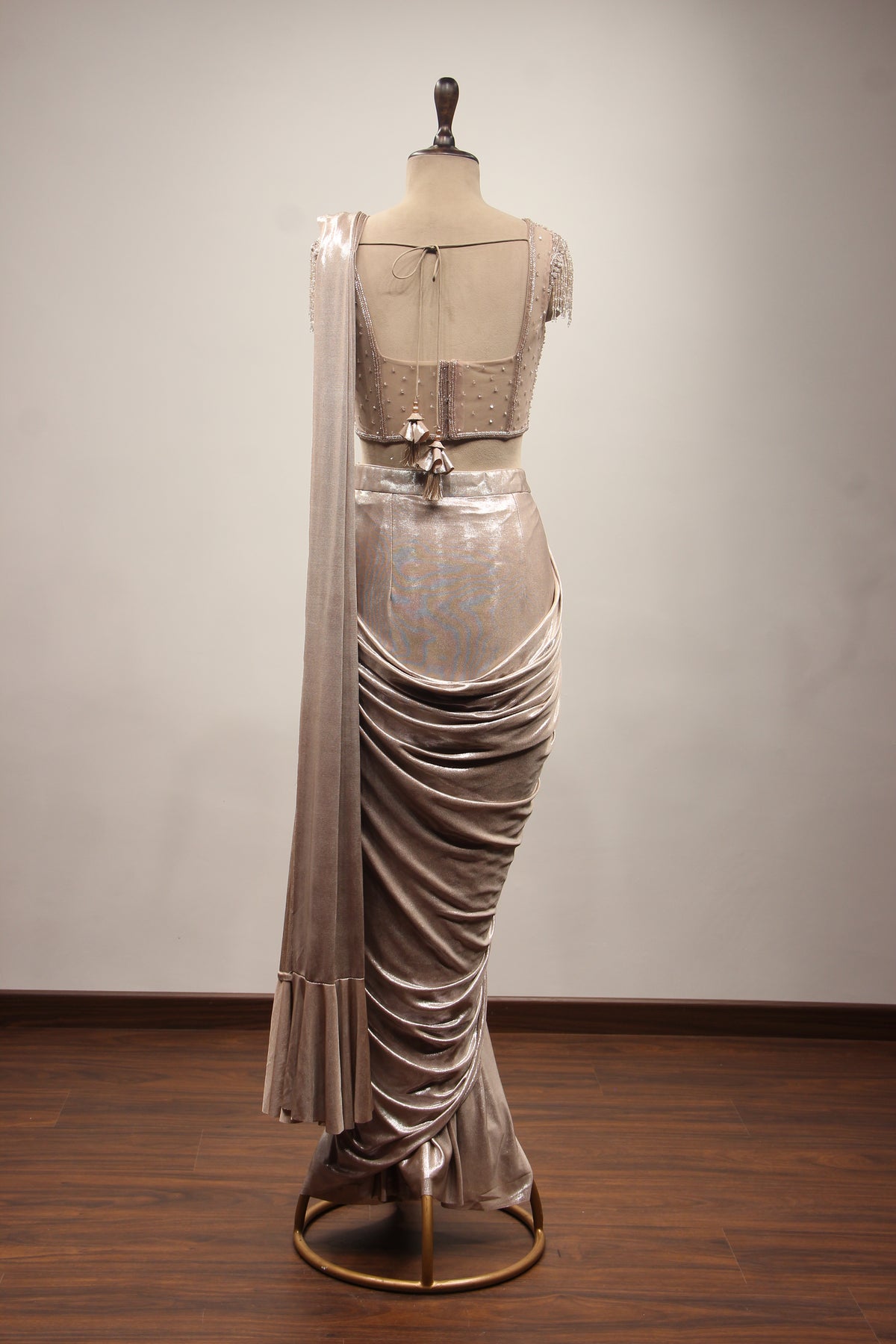 Coffee Imported Drape Saree with Hand Embroidery & Cut Dana Handwork – back view