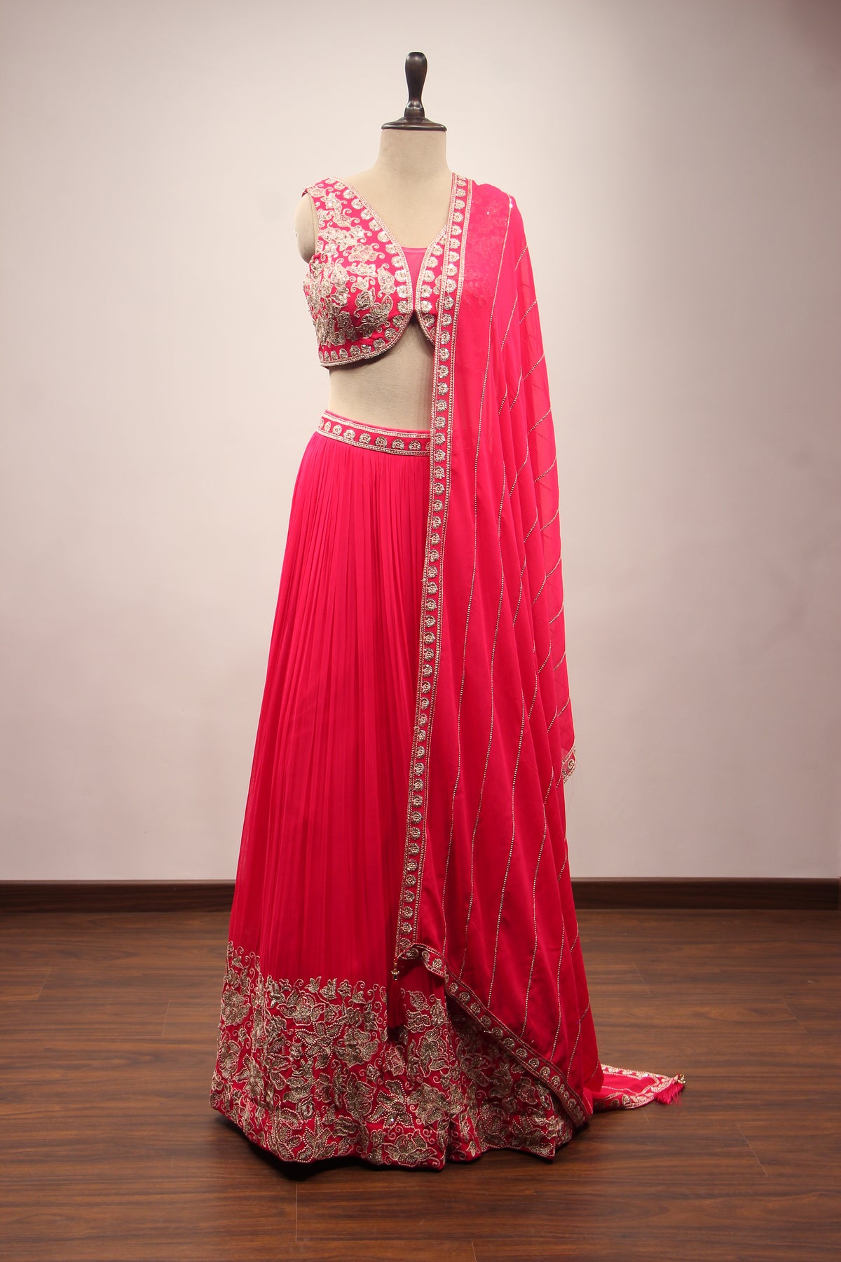 Orange Georgette Lehenga with Resham & Zari Handwork Crop Top in Pink – front view