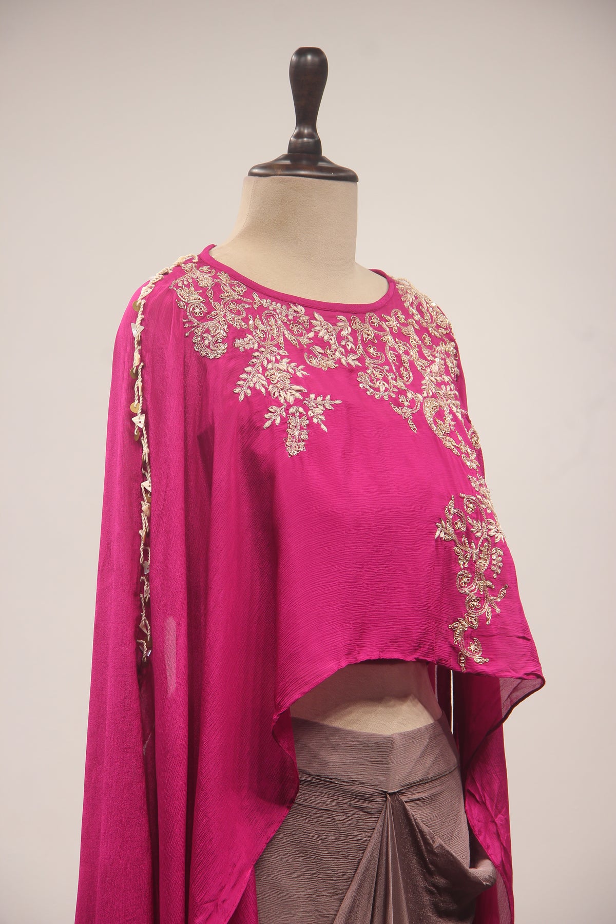 Fuchsia Pink Gota Patti & Zari Embroidered Full-Sleeve Top with Draped Cowl Skirt