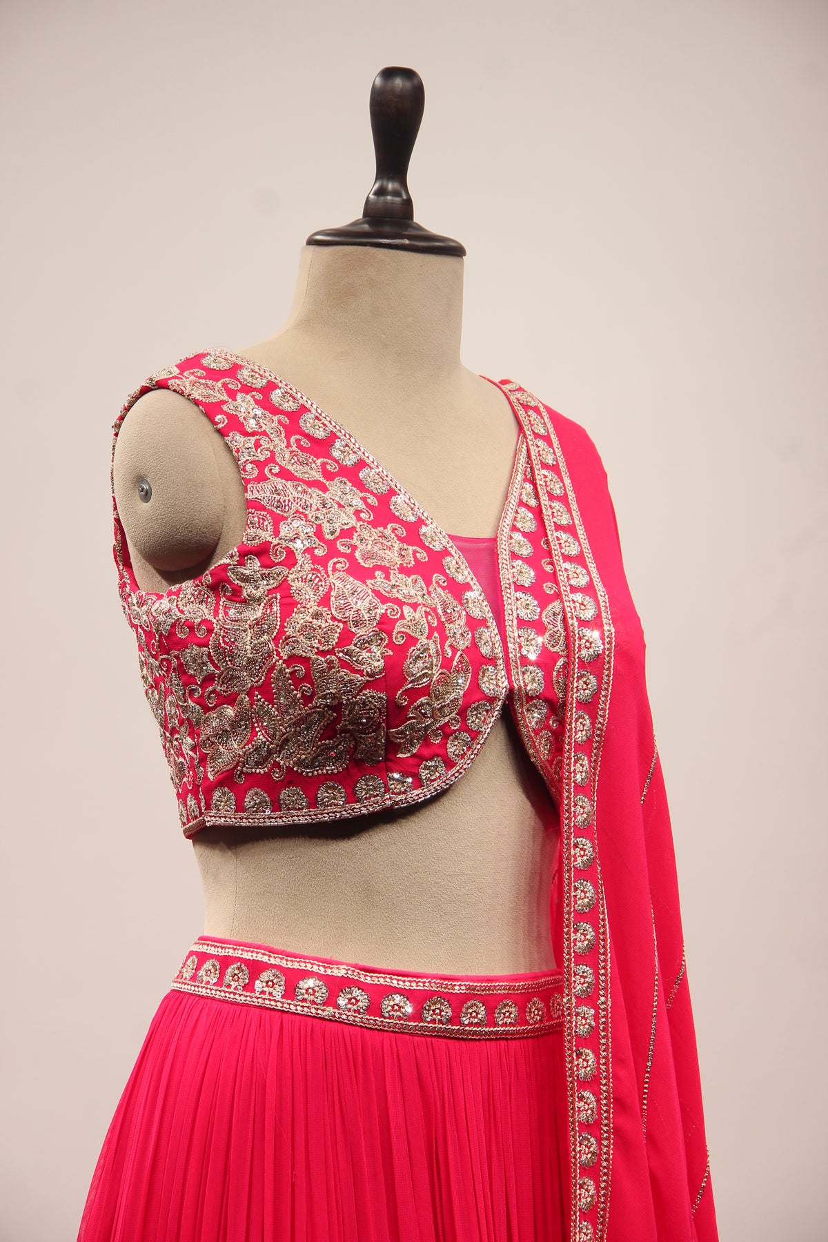 Orange Georgette Lehenga with Resham & Zari Handwork Crop Top in Pink – other side close-up