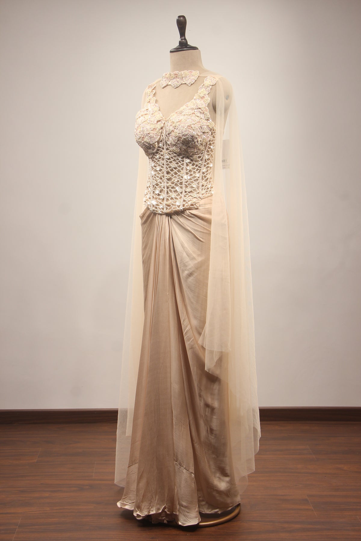 Beige Sequin & Mirror Embroidered Net Corset Blouse with Draped Cowl Skirt