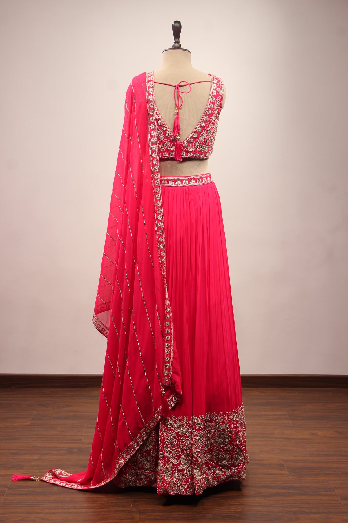 Orange Georgette Lehenga with Resham & Zari Handwork Crop Top in Pink – back view