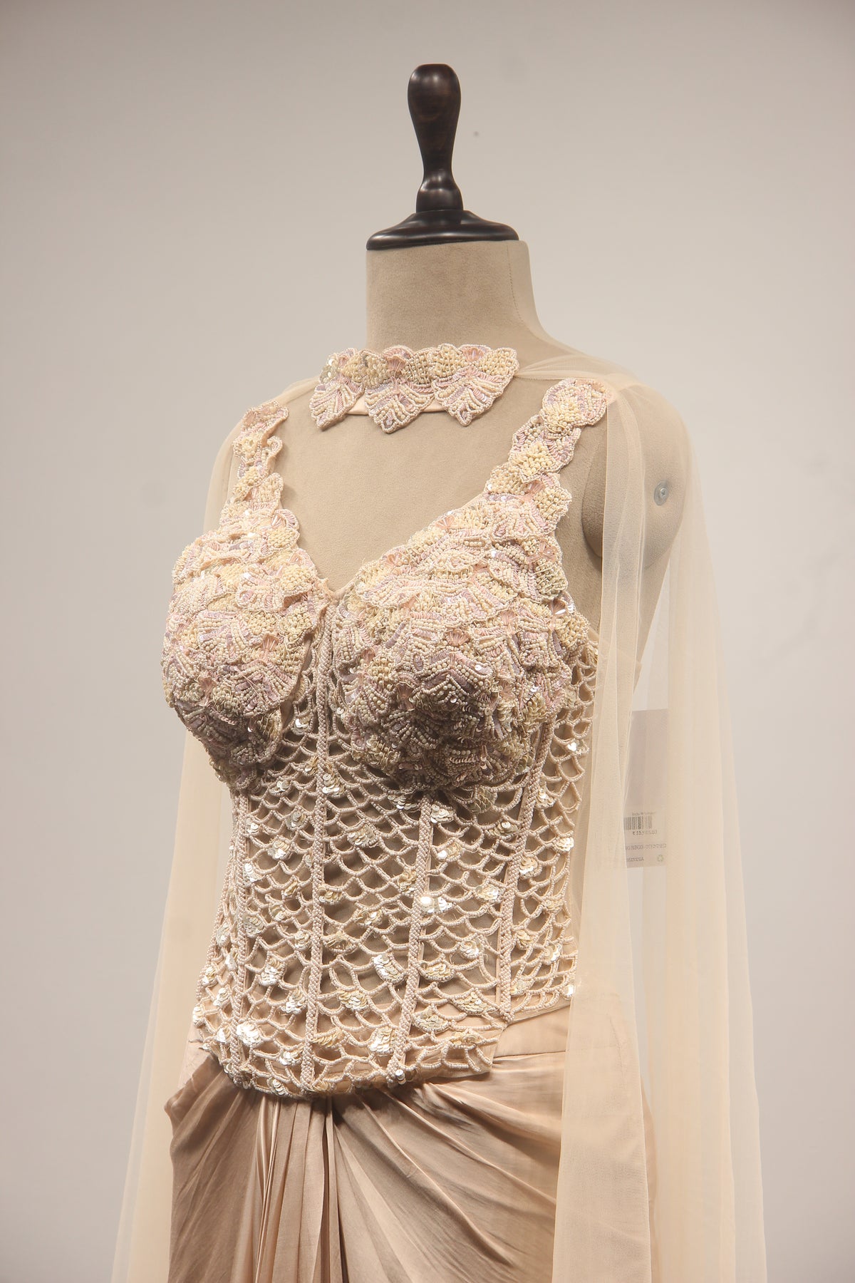 Beige Sequin & Mirror Embroidered Net Corset Blouse with Draped Cowl Skirt