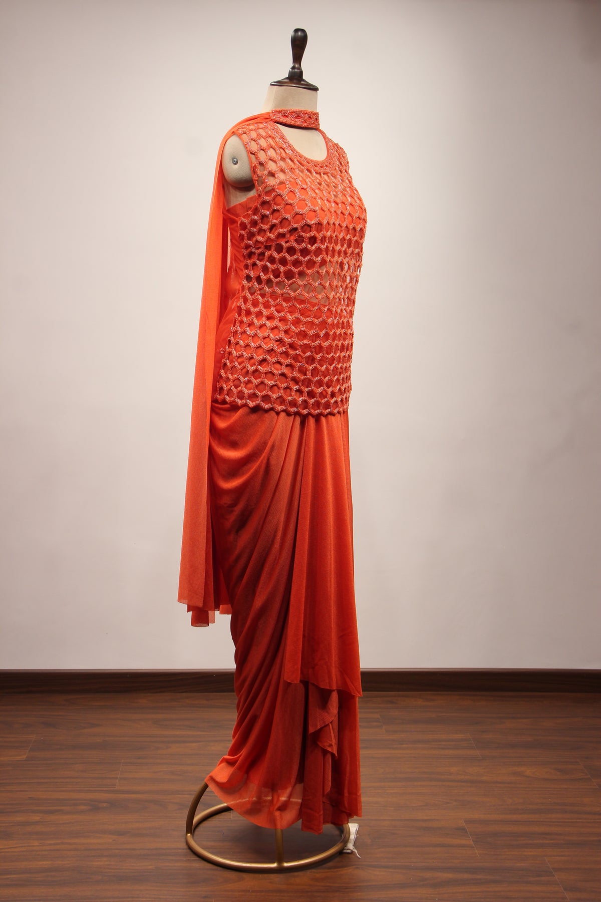 Imported Indo Western Honeycomb Long Top with Cut Dana & Bead Handwork in Orange – side view