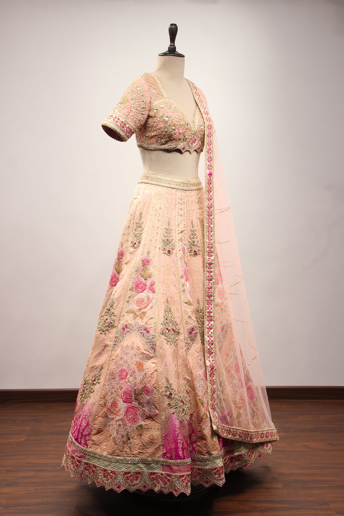 Pink Banarsi Brocade Lehenga with Gota Patti & Zari Handwork Crop Top