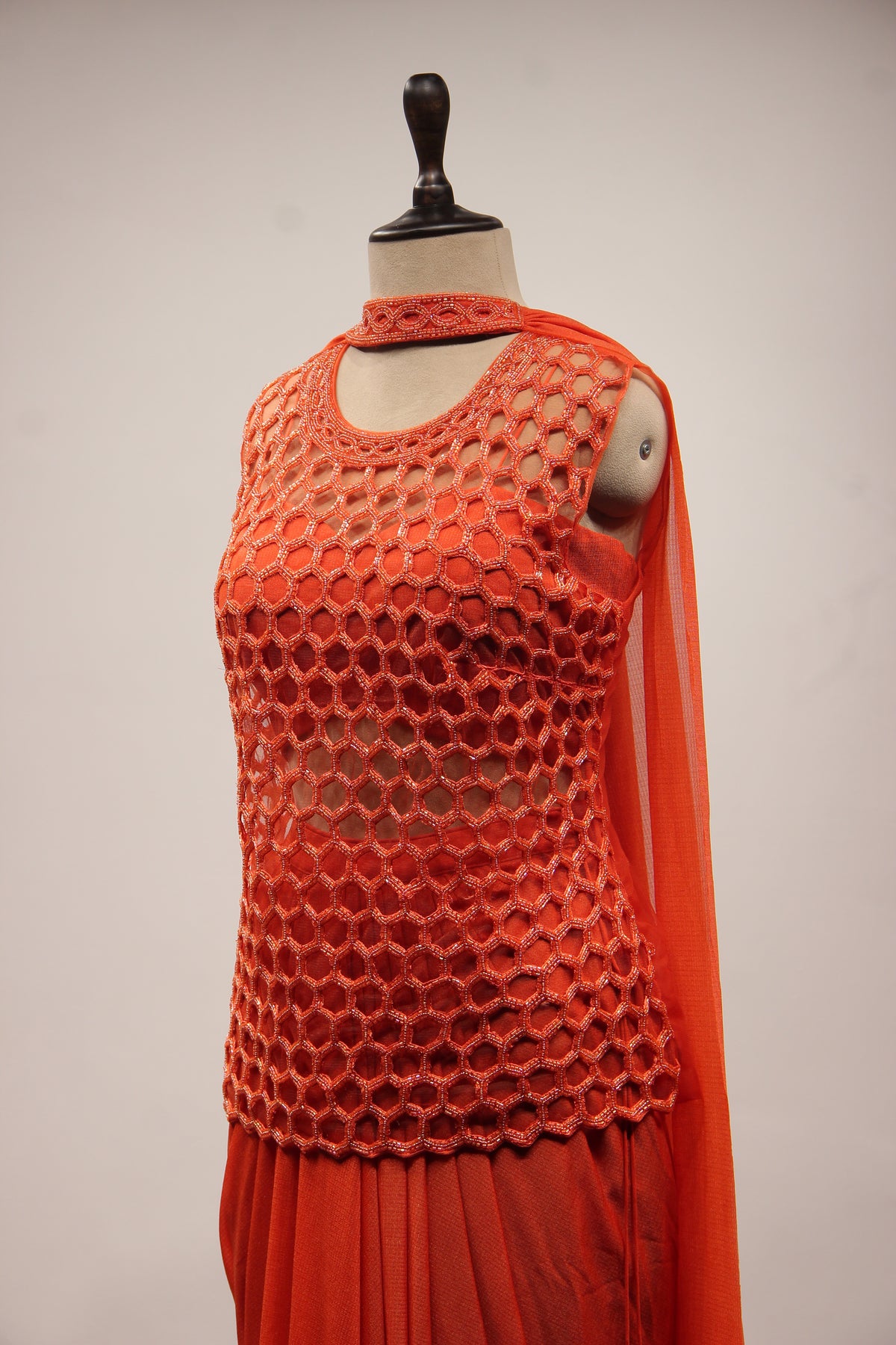 Imported Indo Western Honeycomb Long Top with Cut Dana & Bead Handwork in Orange – other side close-up