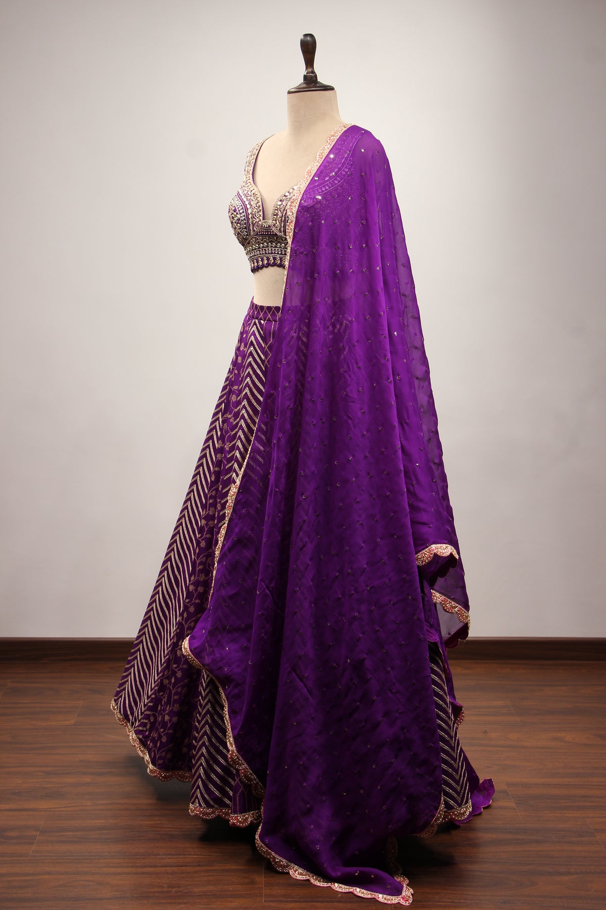Purple Banarasi Brocade Lehenga with Mirror & Zari Handwork Crop Top – side view