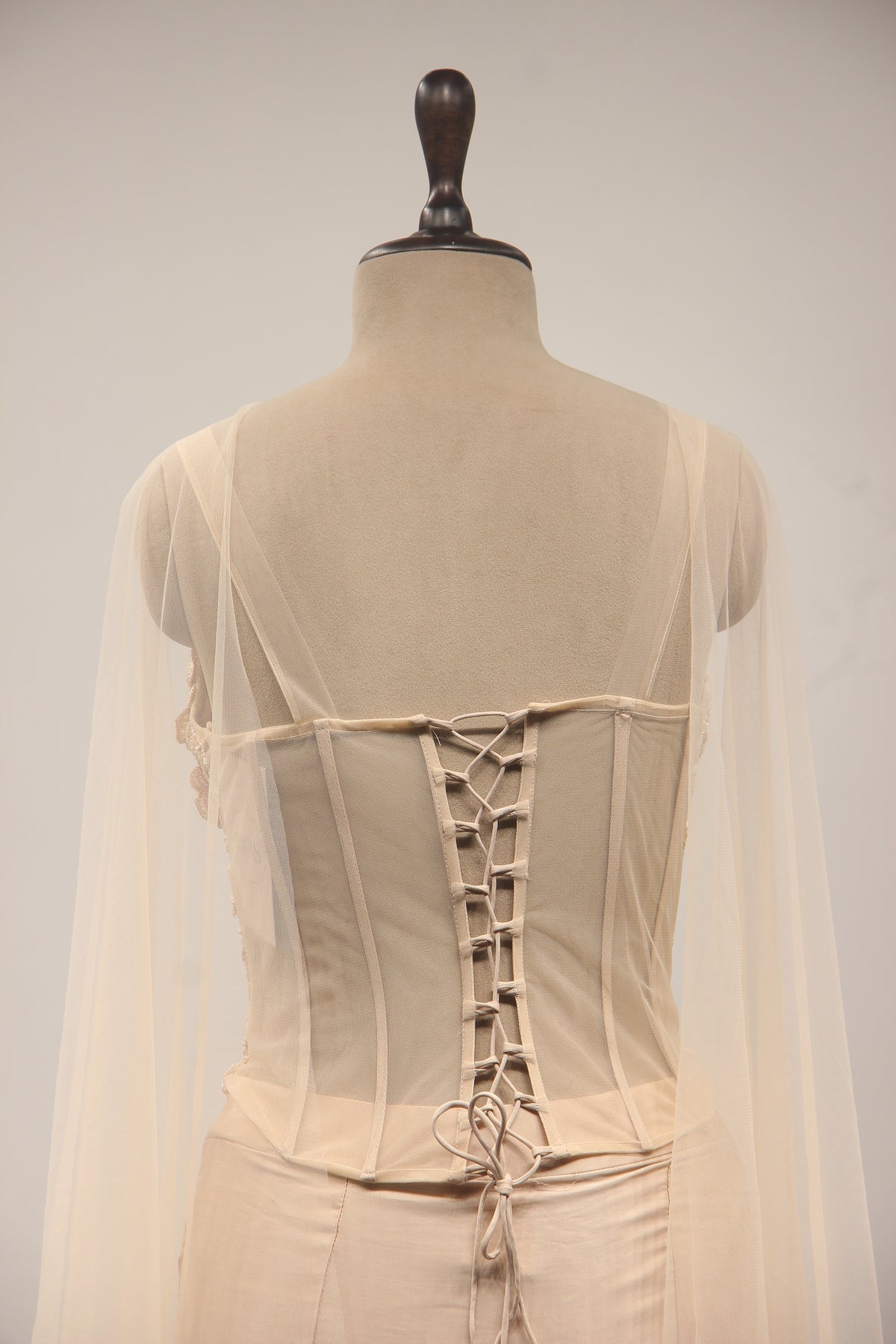 Beige Sequin & Mirror Embroidered Net Corset Blouse with Draped Cowl Skirt