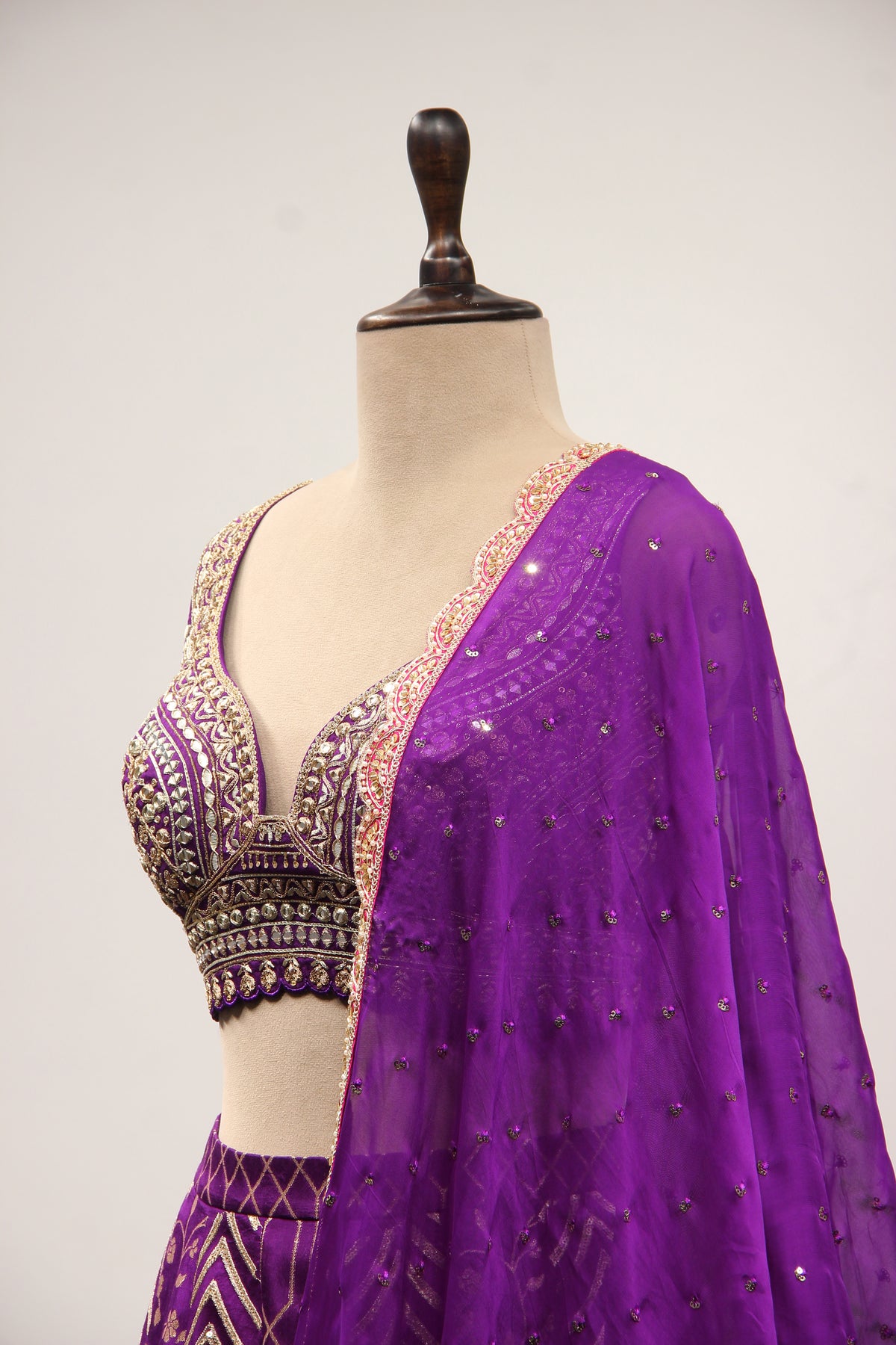 Purple Banarasi Brocade Lehenga with Mirror & Zari Handwork Crop Top – side close-up