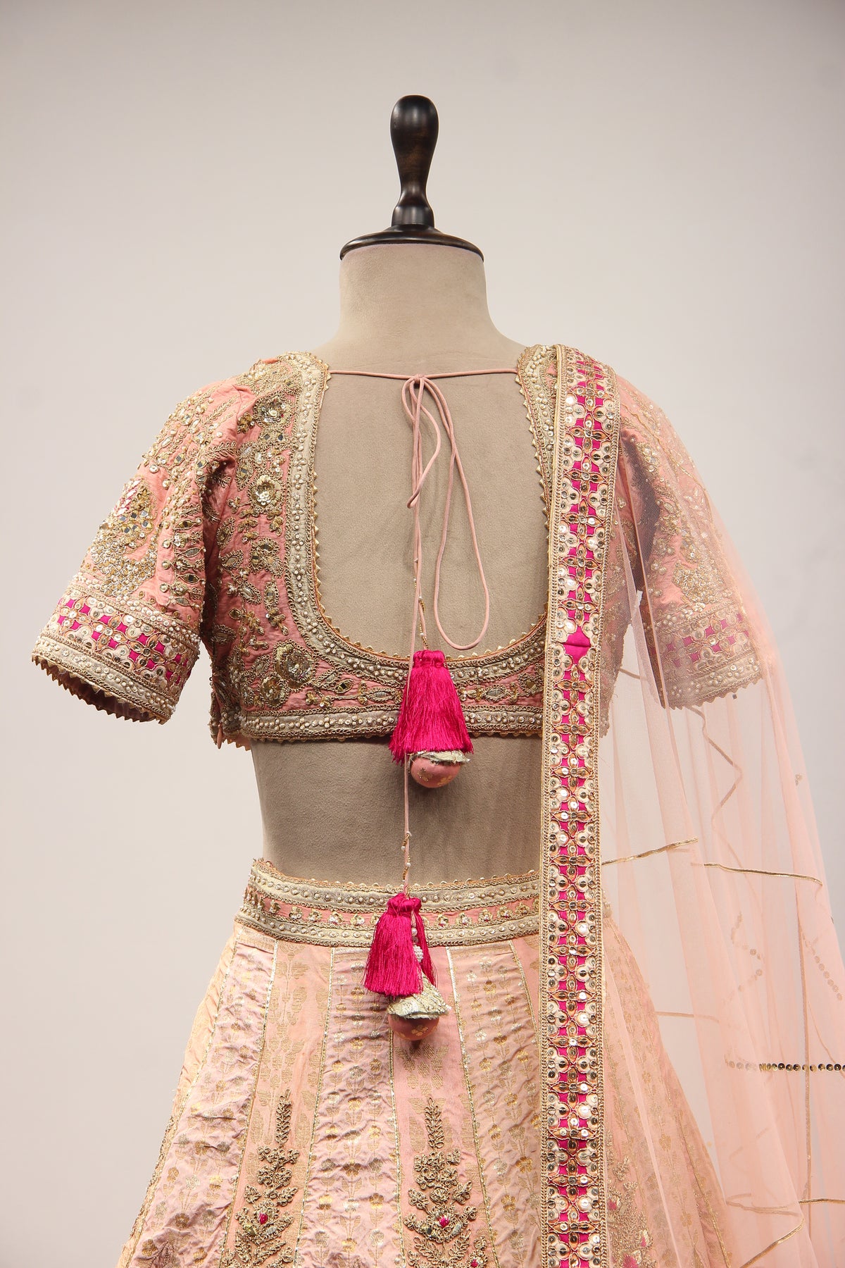 Pink Banarsi Brocade Lehenga with Gota Patti & Zari Handwork Crop Top
