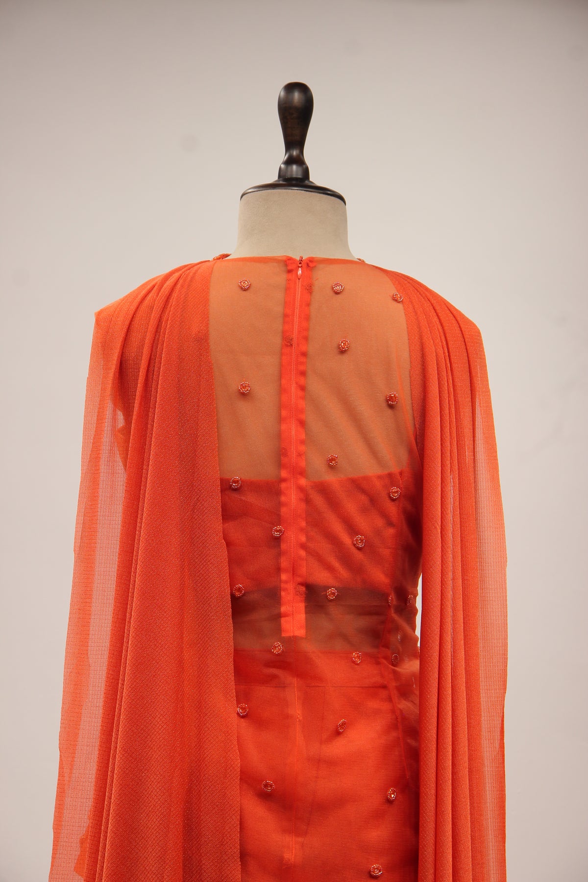 Imported Indo Western Honeycomb Long Top with Cut Dana & Bead Handwork in Orange – back close-up