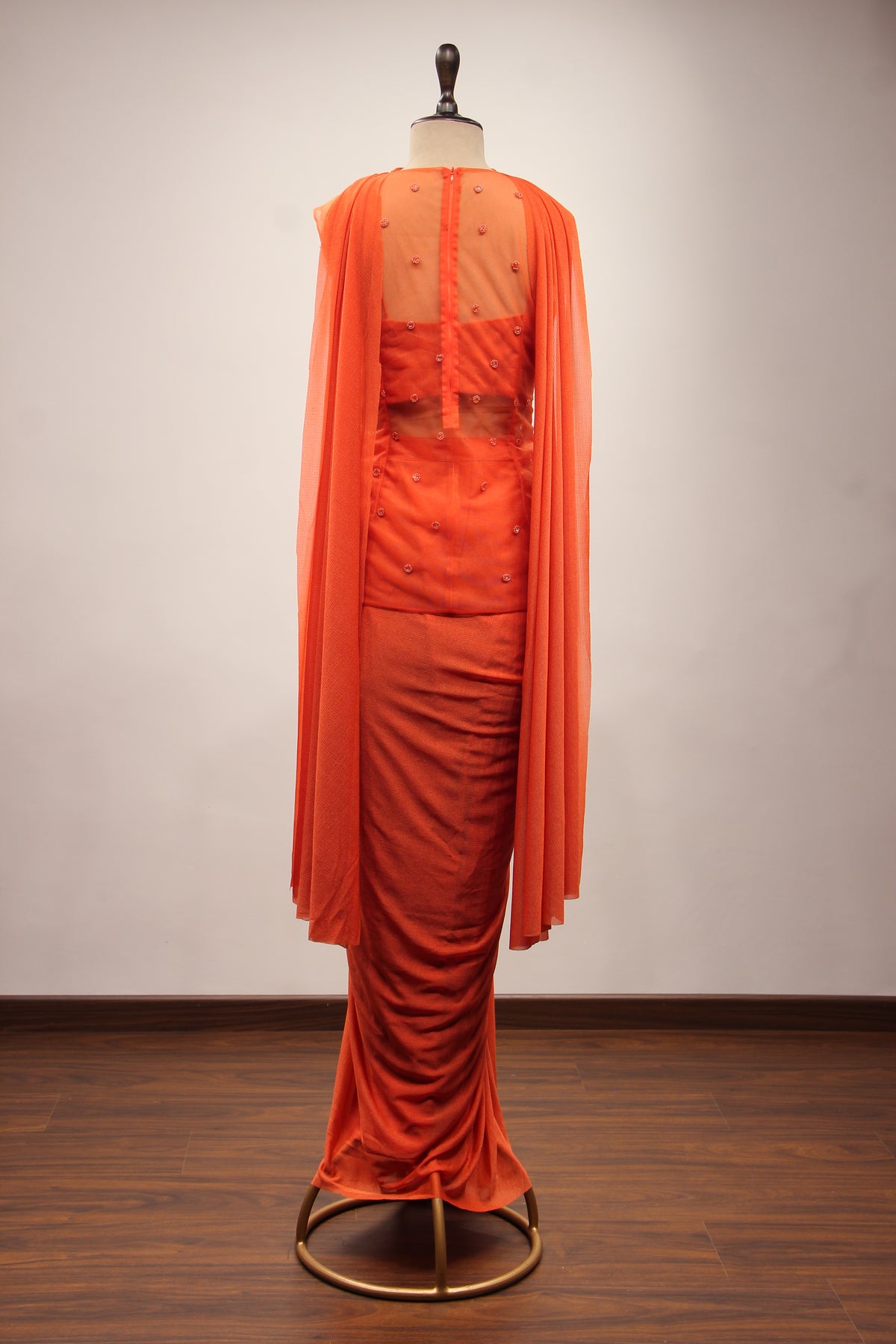Imported Indo Western Honeycomb Long Top with Cut Dana & Bead Handwork in Orange – back view