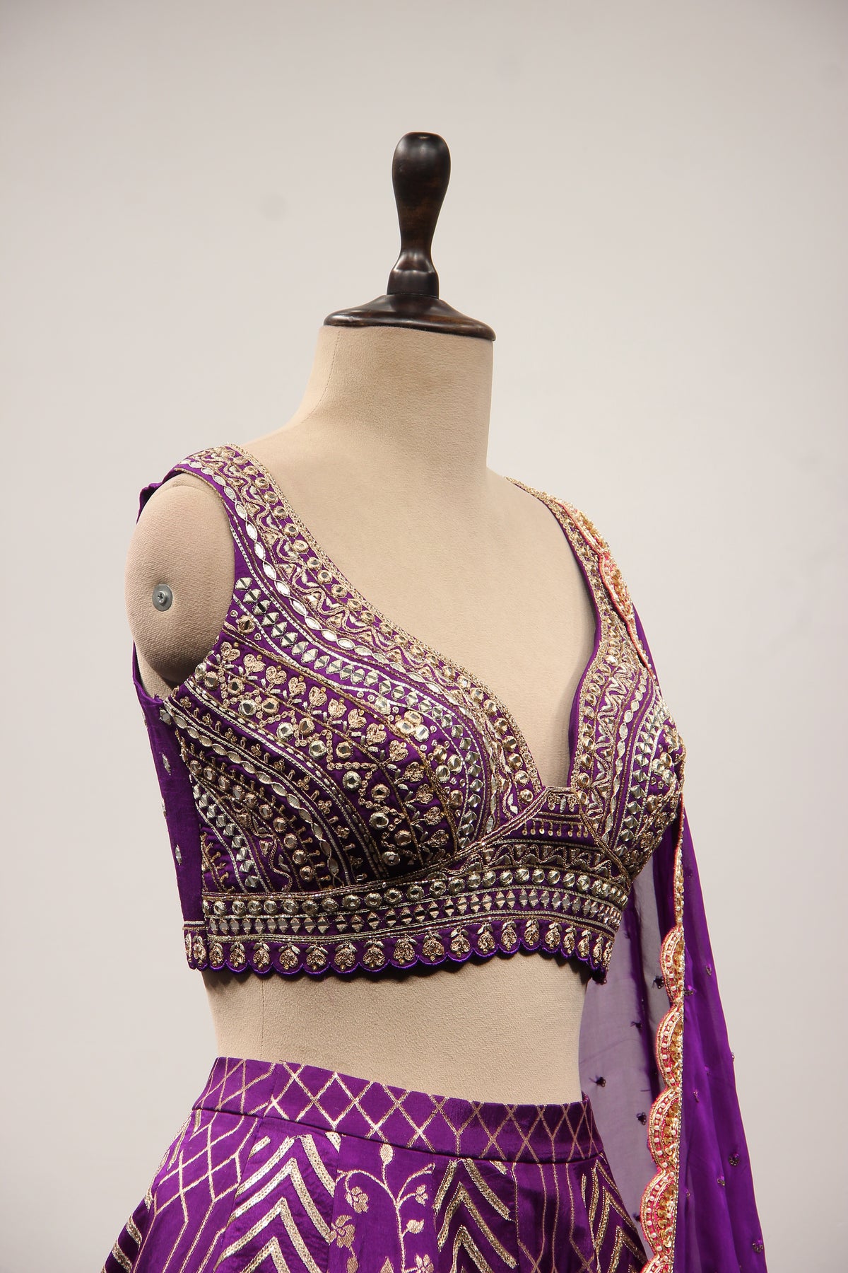 Purple Banarasi Brocade Lehenga with Mirror & Zari Handwork Crop Top – other side close-up