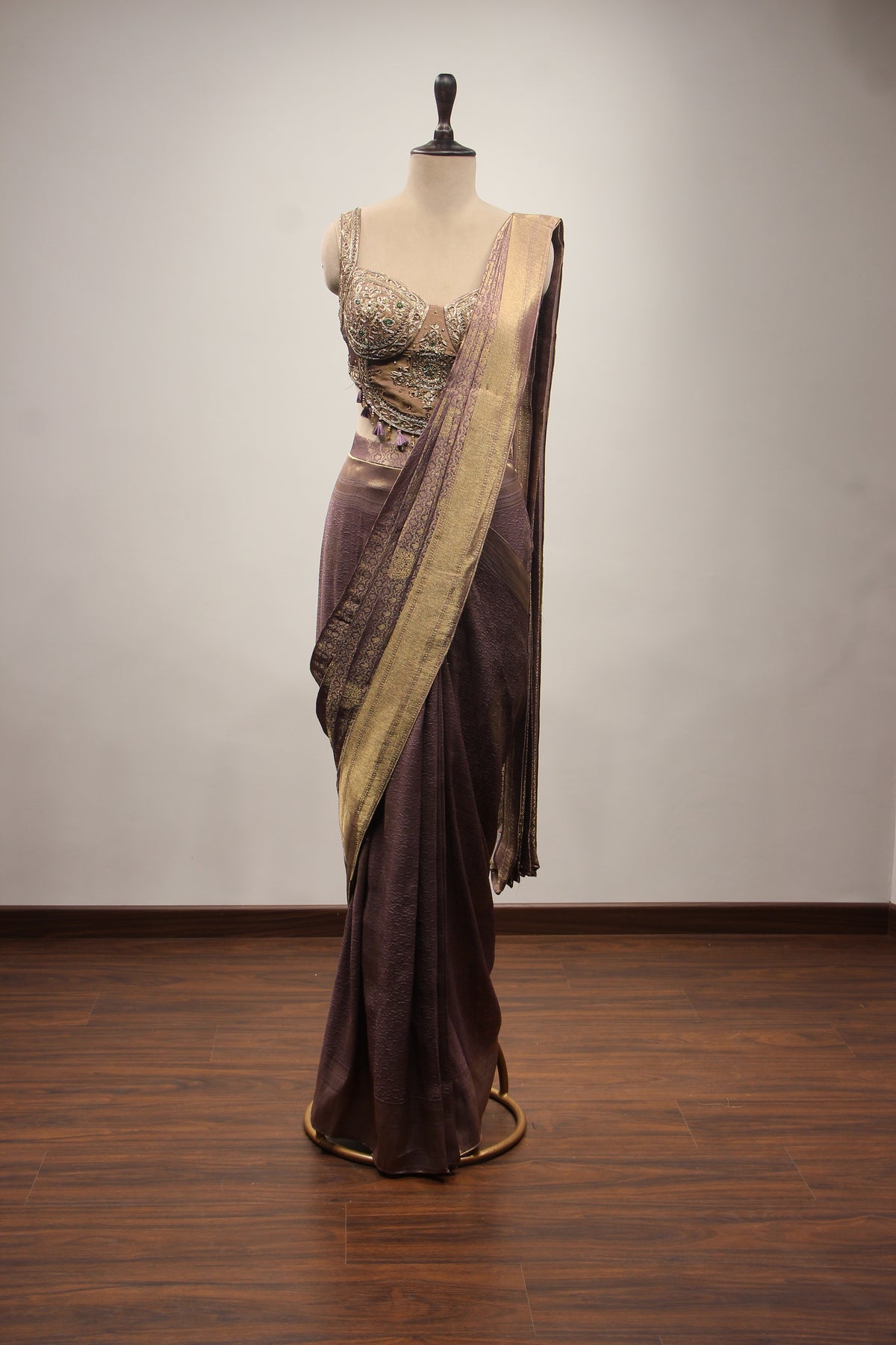 Banarasi Brocade Drape Saree with Zardozi & Cut Dana Handwork Corset in Purple – front view