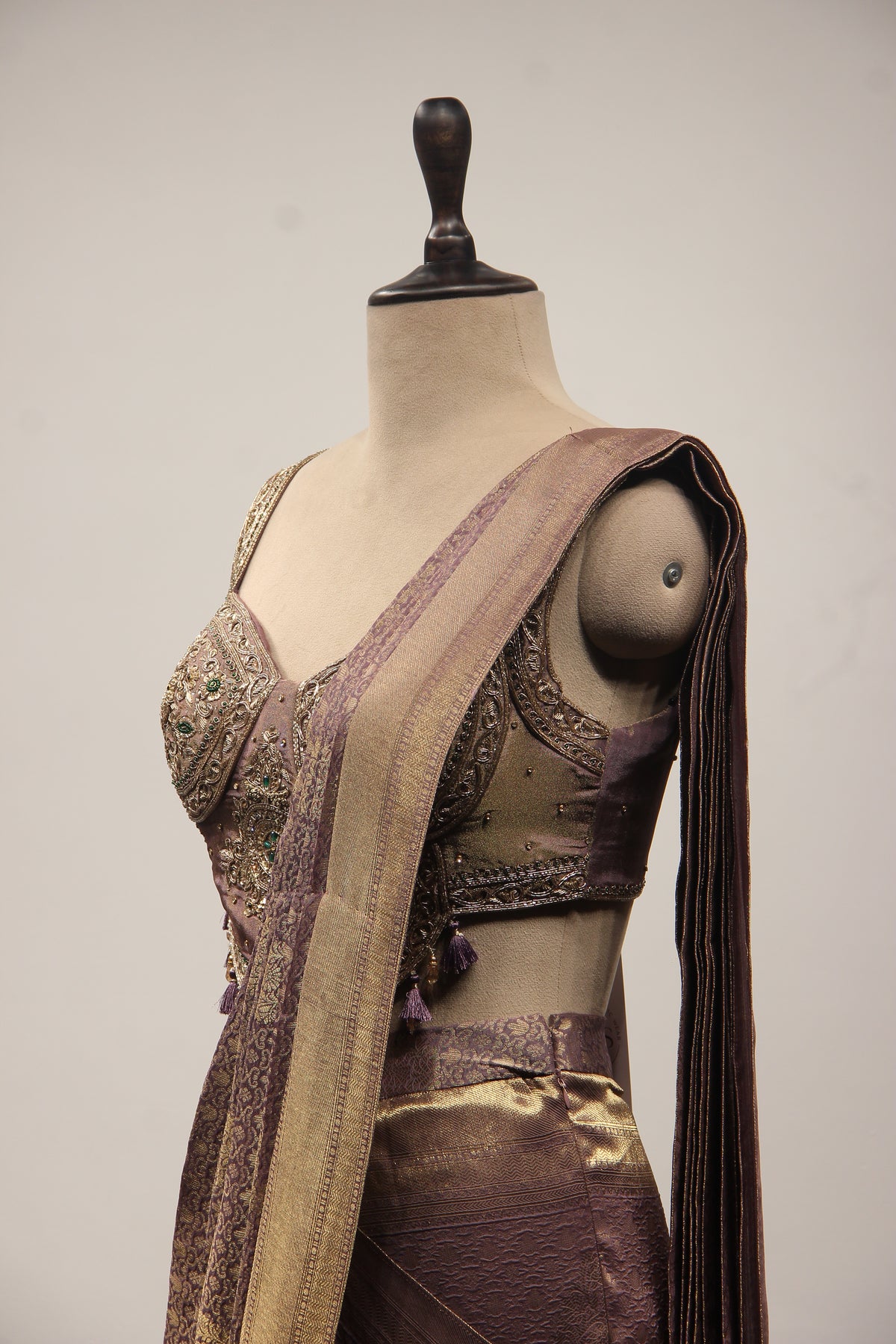 Banarasi Brocade Drape Saree with Zardozi & Cut Dana Handwork Corset in Purple – other side close-up