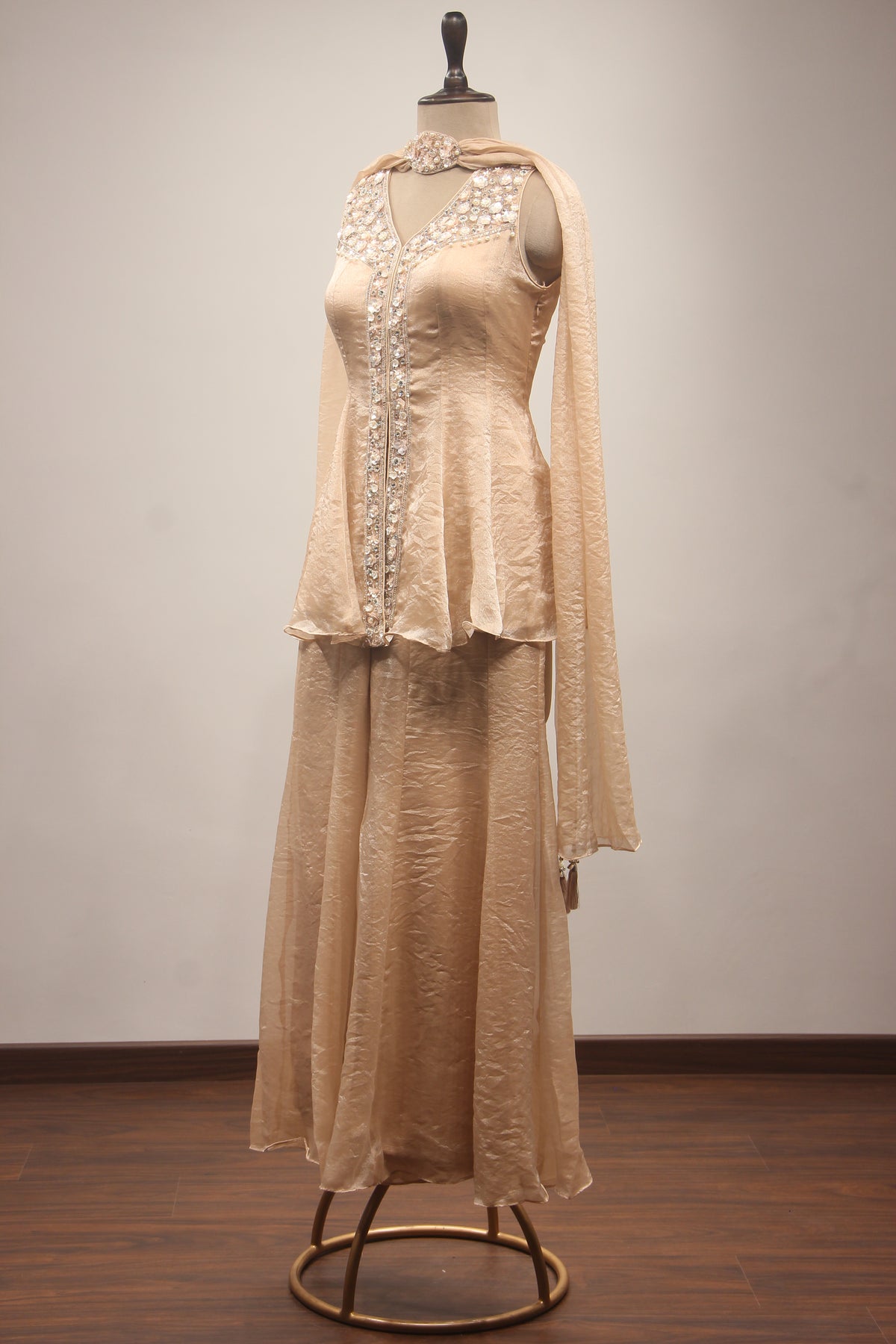 Peach Tissue Embroidered Peplum Top with Palazzo Pants & Choker Dupatta
