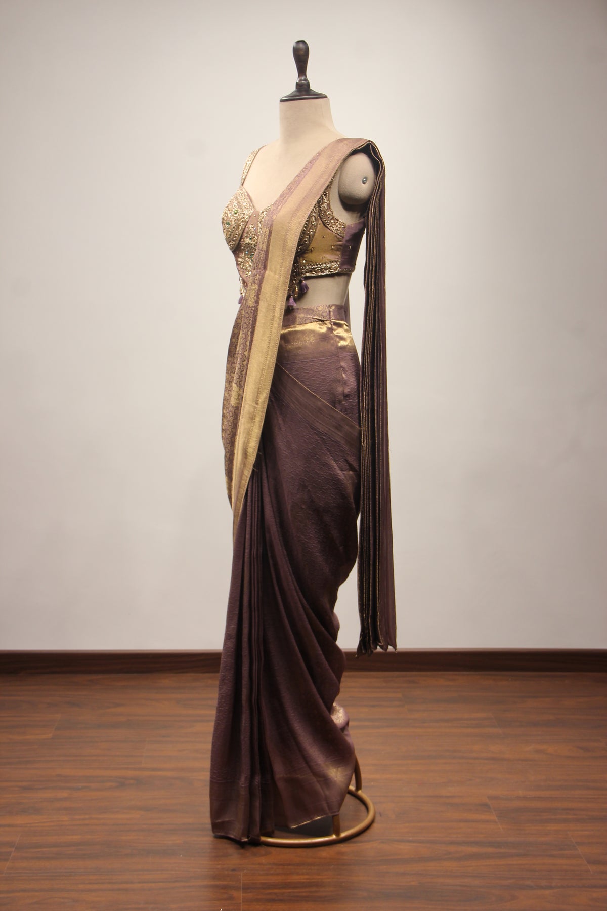 Banarasi Brocade Drape Saree with Zardozi & Cut Dana Handwork Corset in Purple – other side view