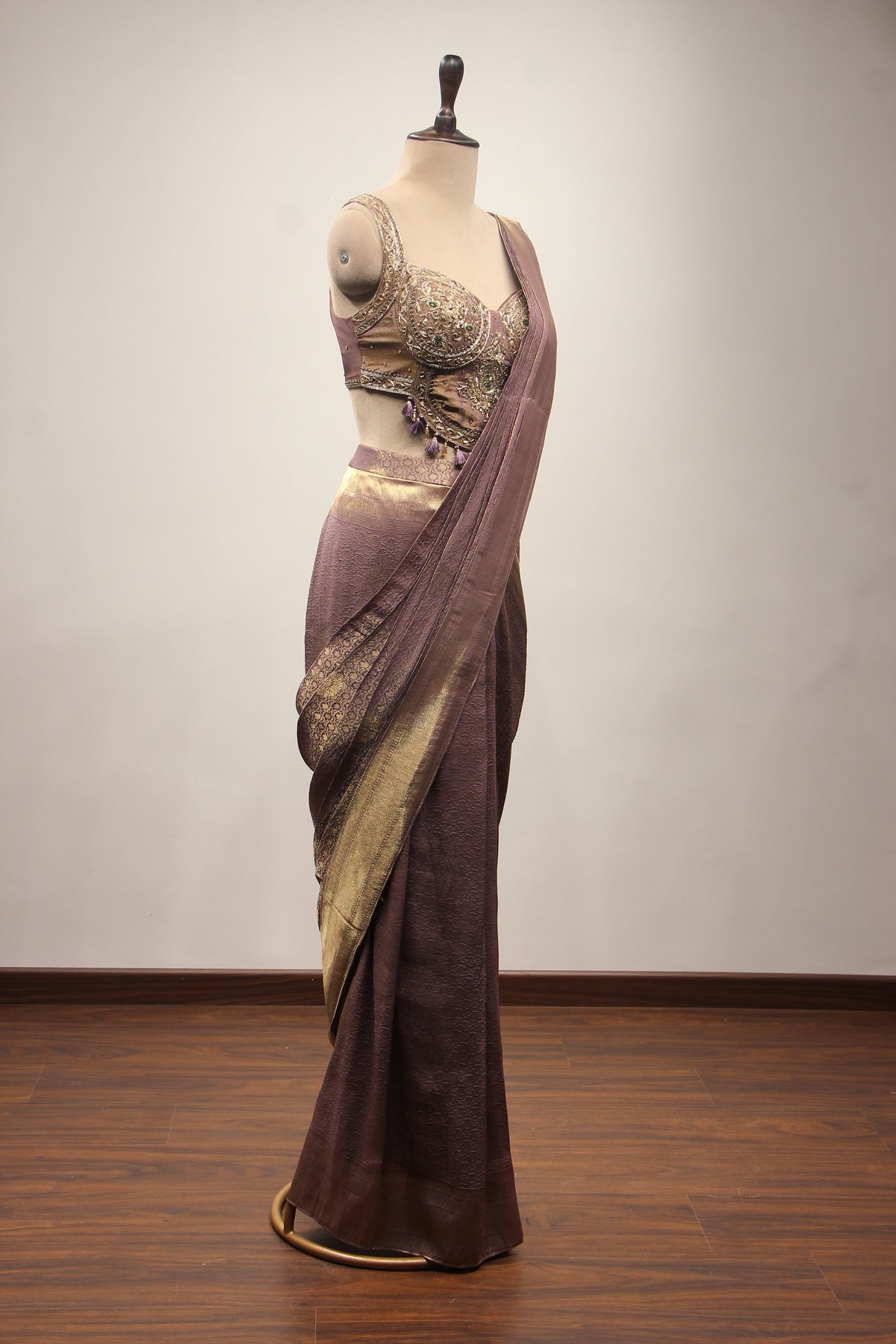 Banarasi Brocade Drape Saree with Zardozi & Cut Dana Handwork Corset in Purple – side view