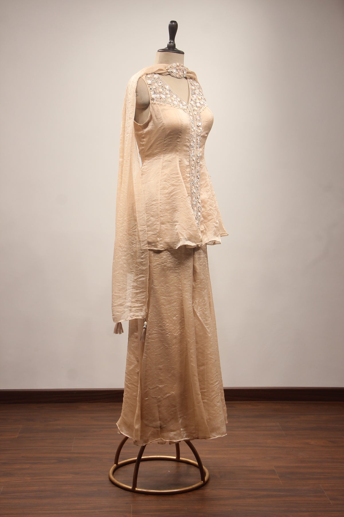 Peach Tissue Embroidered Peplum Top with Palazzo Pants & Choker Dupatta