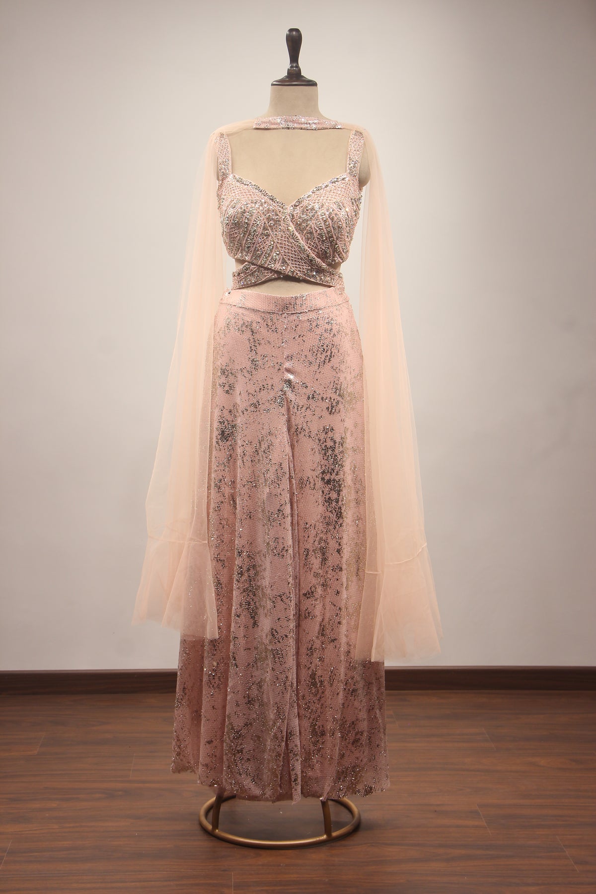 Pink Embellished Imported Fabric Crop Top with Corset Blouse, Palazzo & Choker Dupatta Indowestern Set