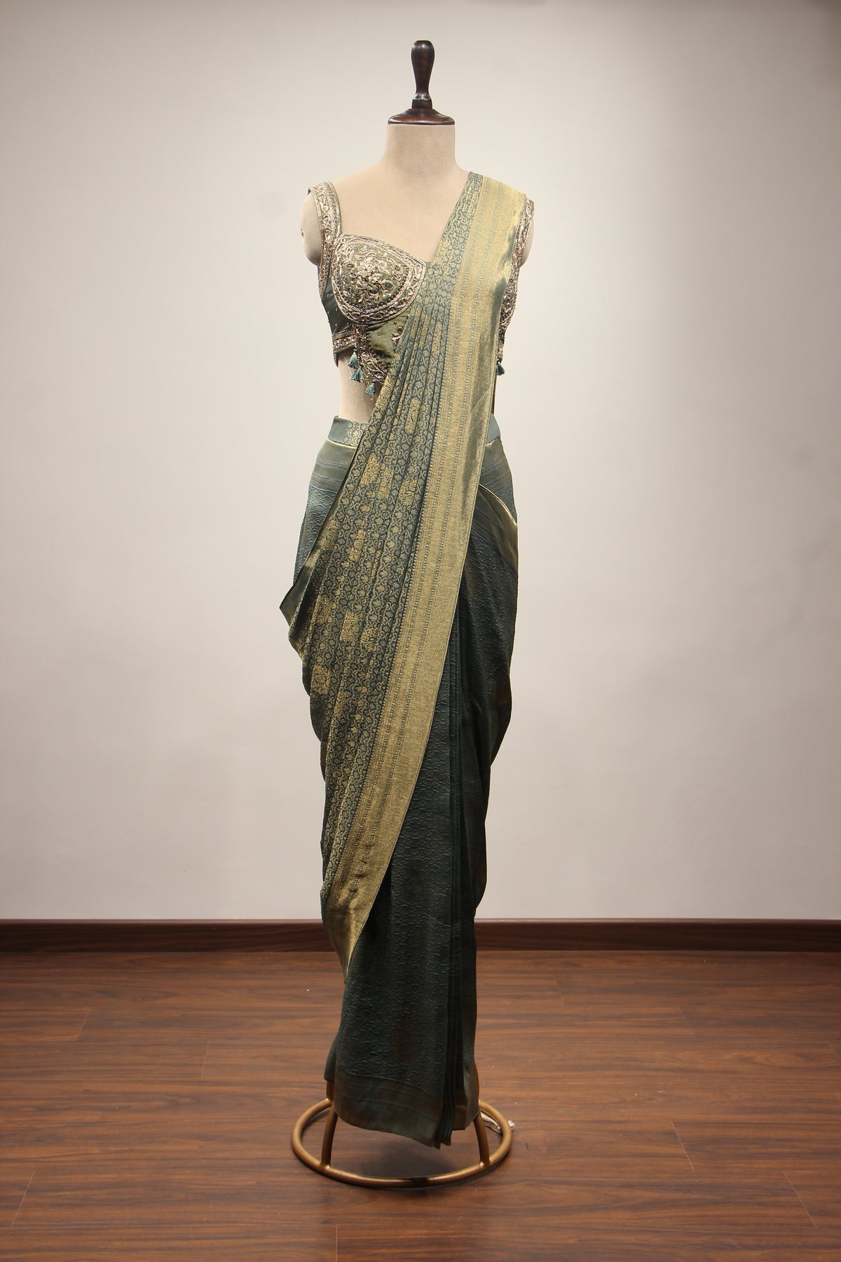 Banarasi Brocade Drape Saree with Zardozi & Cut Dana Handwork Corset in Green – front view