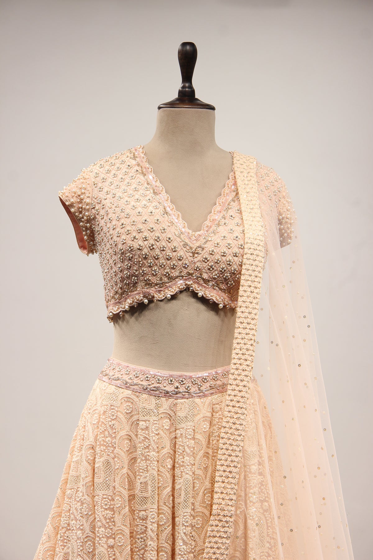 Peach Lucknavi Lehenga with Bead & Pearl Handwork Crop Top