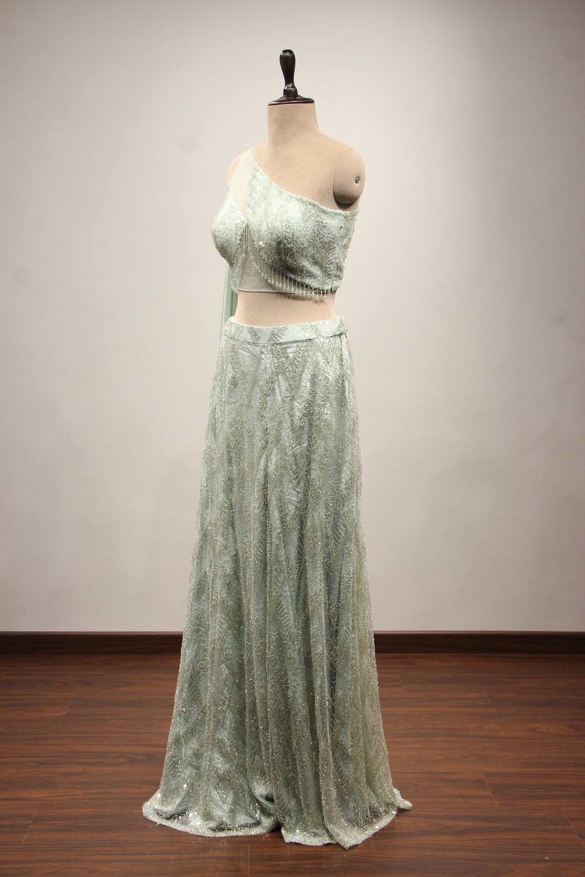 Imported Indo Western Palazzo with Sequin & Cut Dana Handwork Crop Top in Blue – other side view