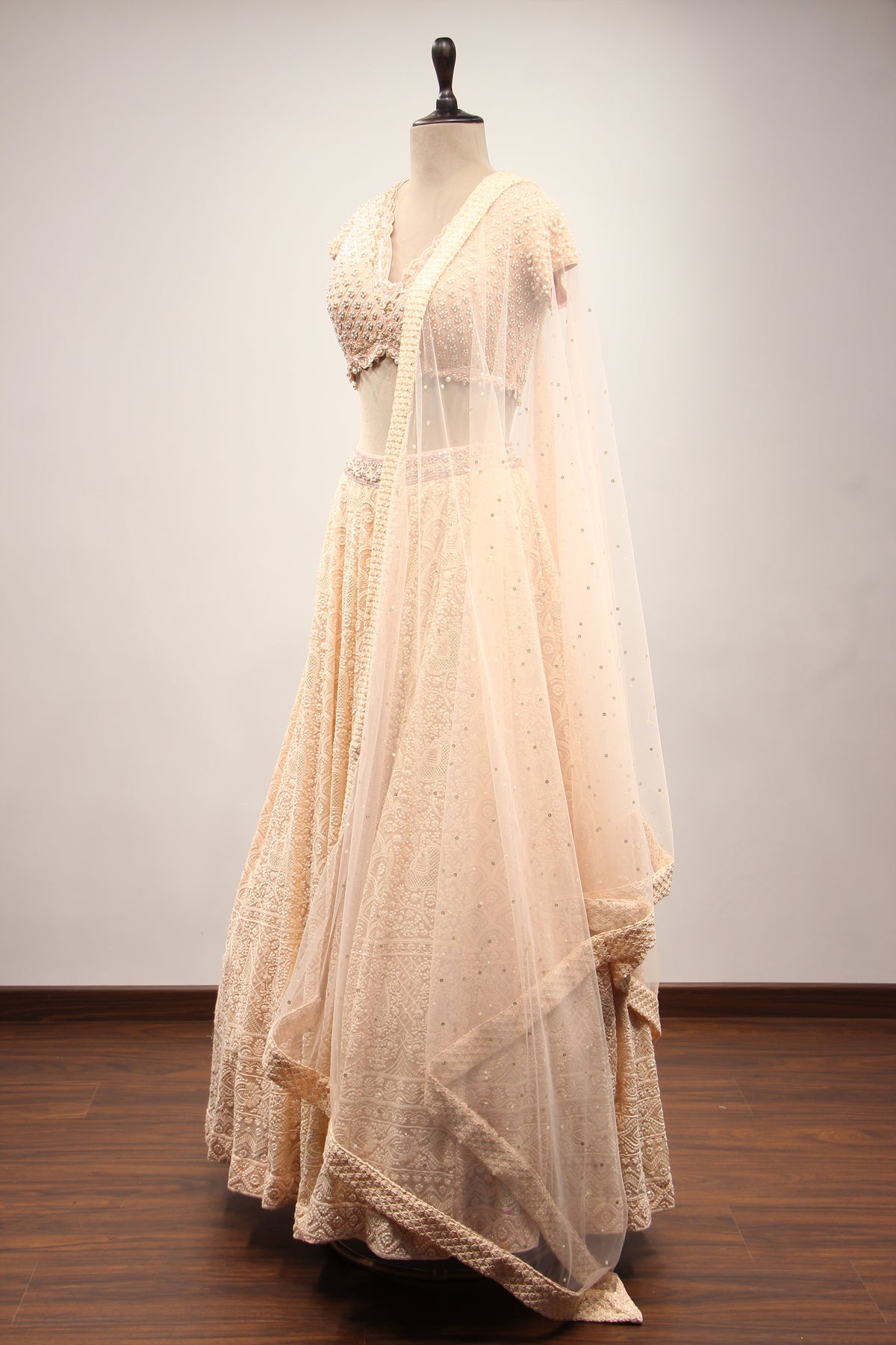 Peach Lucknavi Lehenga with Bead & Pearl Handwork Crop Top