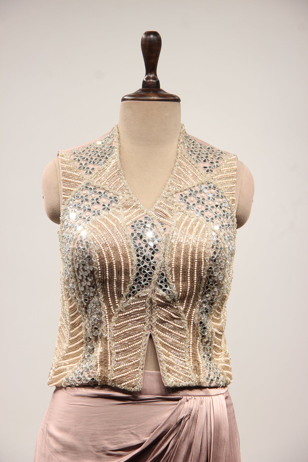Rose Gold Crepe Long Top Indo Western with Mirror & Cut Dana Handwork – front close-up