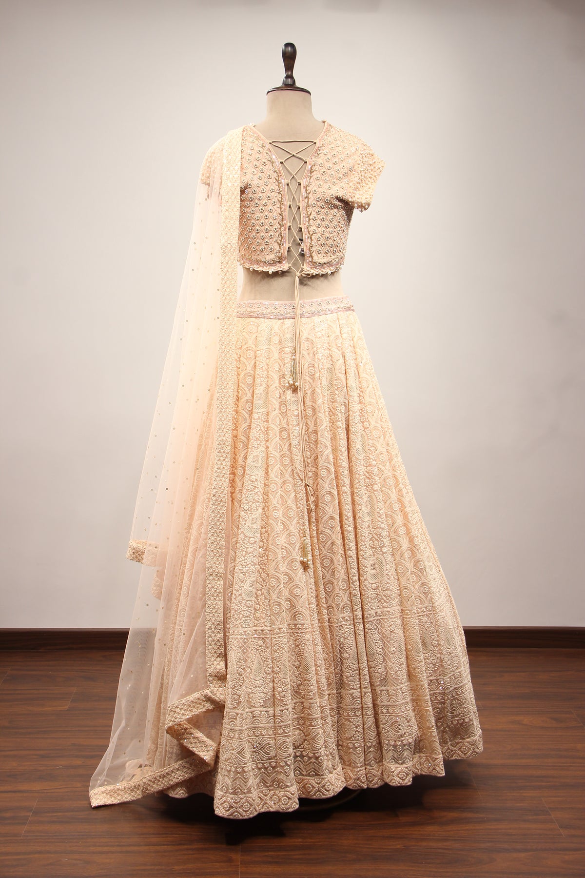 Peach Lucknavi Lehenga with Bead & Pearl Handwork Crop Top