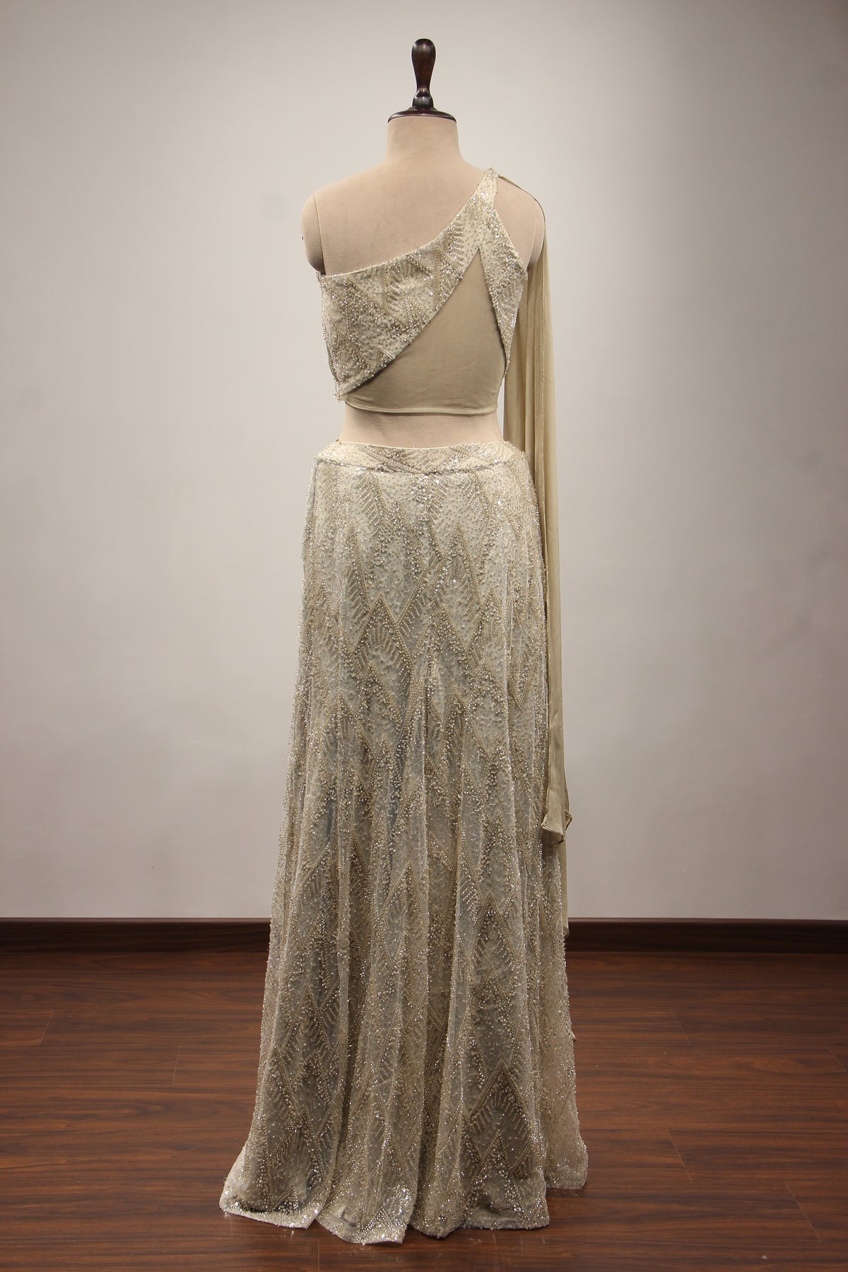 Imported Indo Western Palazzo with Sequin & Cut Dana Handwork Crop Top in Cream – back view