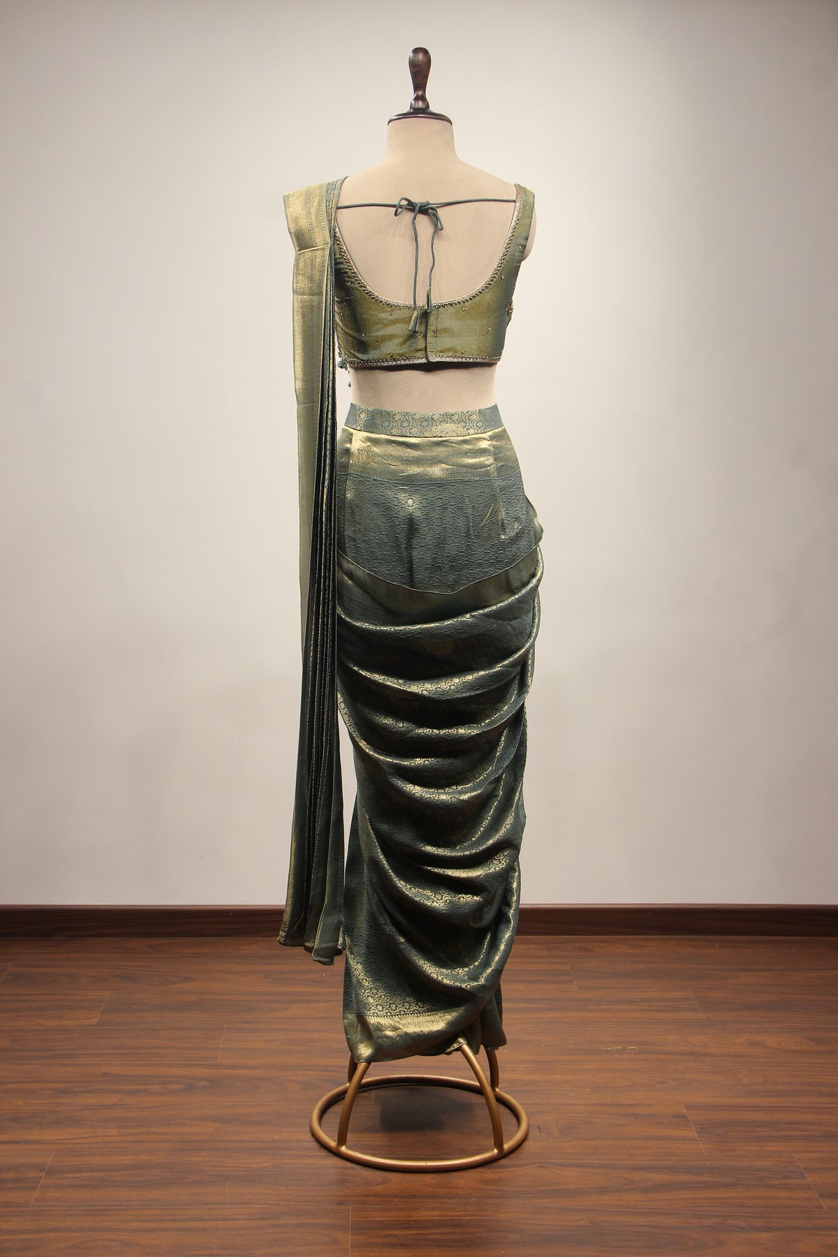 Banarasi Brocade Drape Saree with Zardozi & Cut Dana Handwork Corset in Green – back view