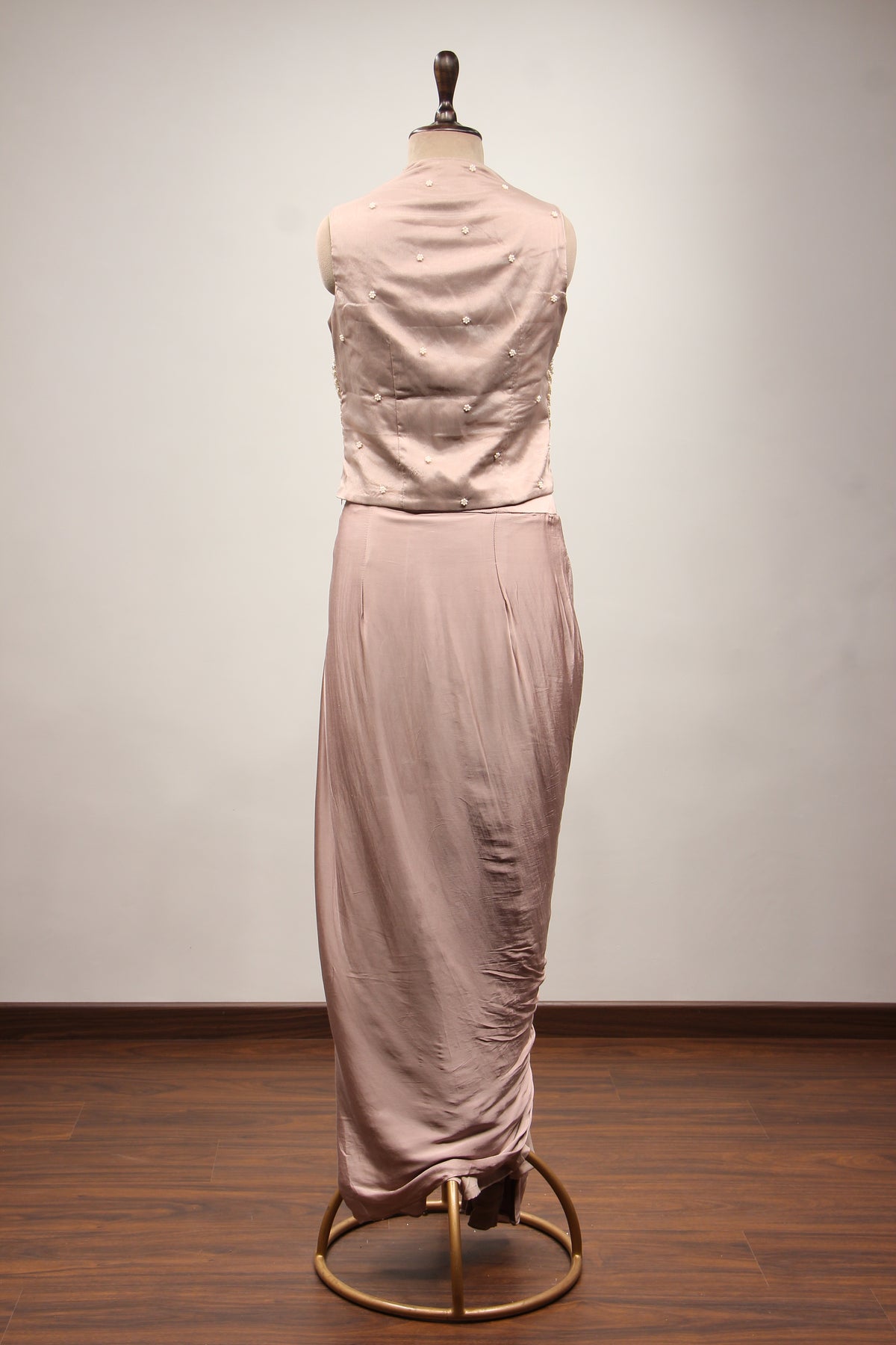 Rose Gold Crepe Long Top Indo Western with Mirror & Cut Dana Handwork – back view