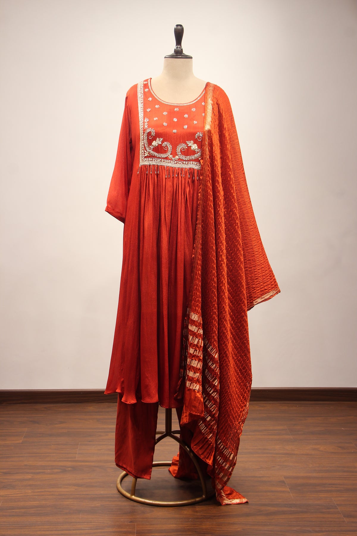 Crepe Short Anarkali Pant Suit with Cut Dana & Sequin Handwork Yoke in Orange – front view