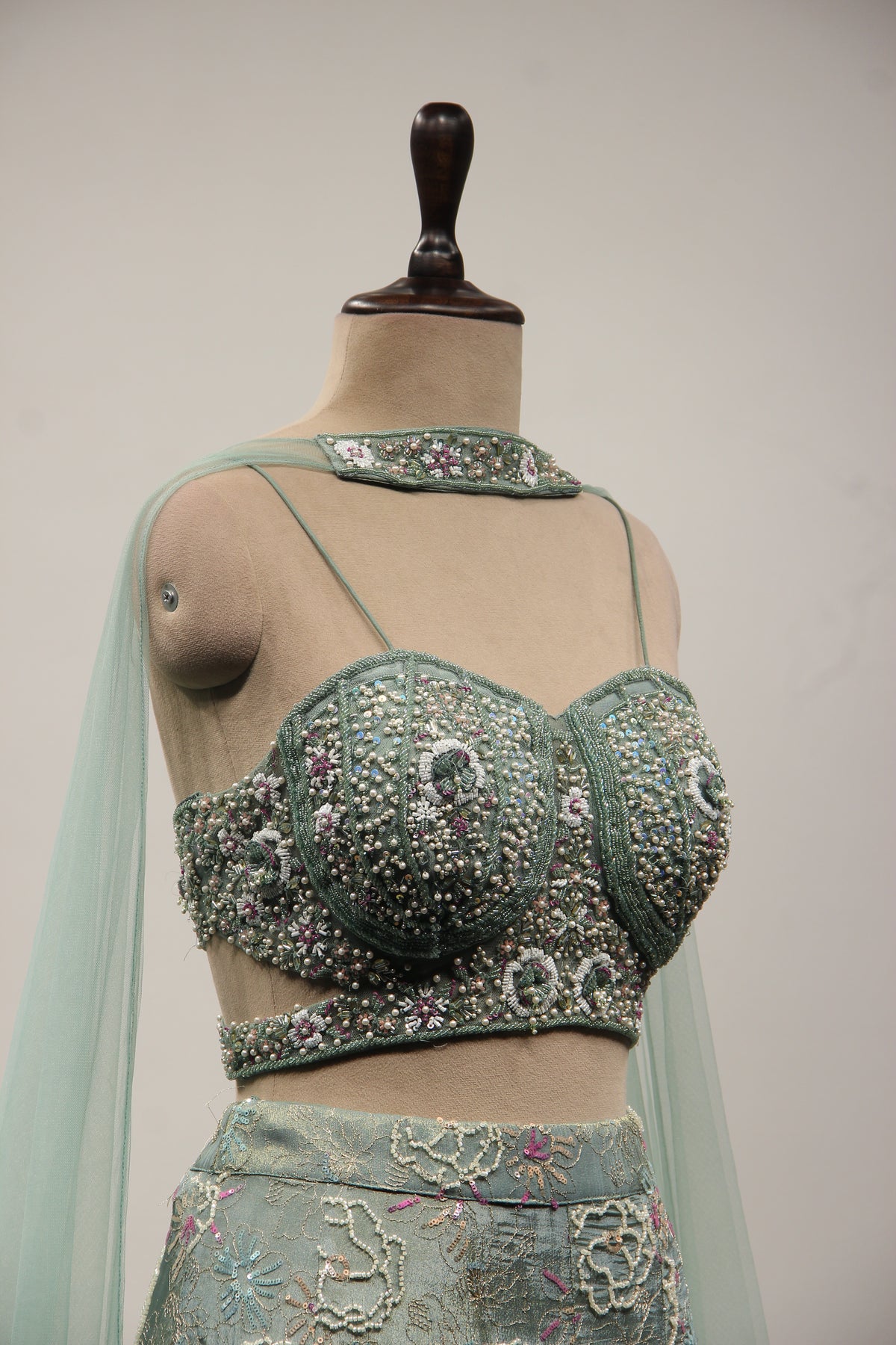 Sea Blue Tissue Lehenga with Pearl & Sequin Handwork Crop Top