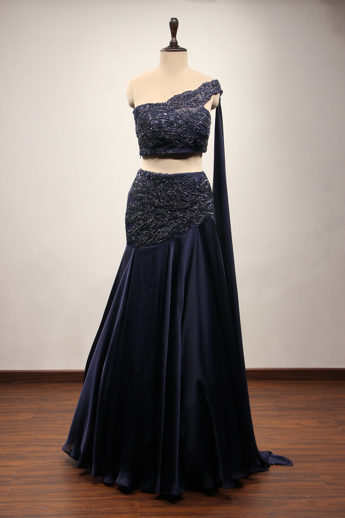 Navy Blue Crepe Lehenga with Off-Shoulder Cut Dana & Bead Handwork