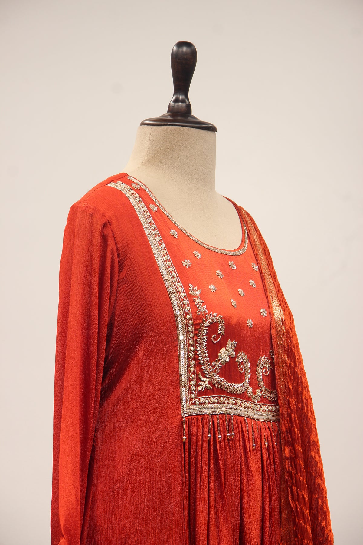 Crepe Short Anarkali Pant Suit with Cut Dana & Sequin Handwork Yoke in Orange – other side close-up