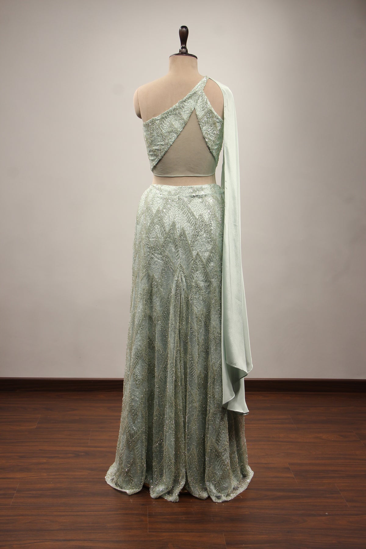 Imported Indo Western Palazzo with Sequin & Cut Dana Handwork Crop Top in Blue – back view