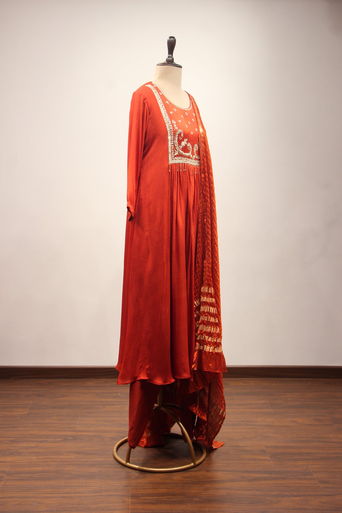 Crepe Short Anarkali Pant Suit with Cut Dana & Sequin Handwork Yoke in Orange – other side view