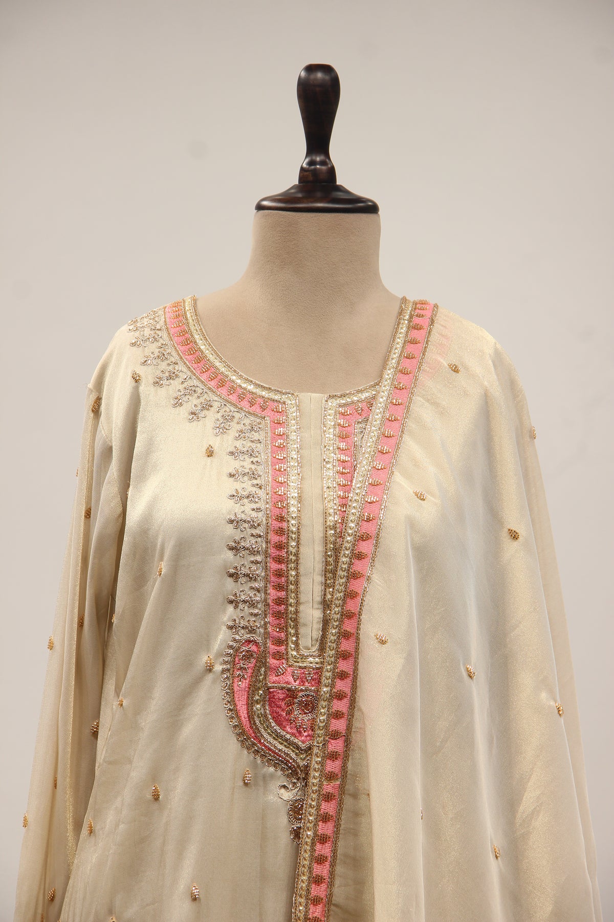 Cream Tissue Sharara Suit with Zari & Zardozi Handwork and Pink Border – front close-up
