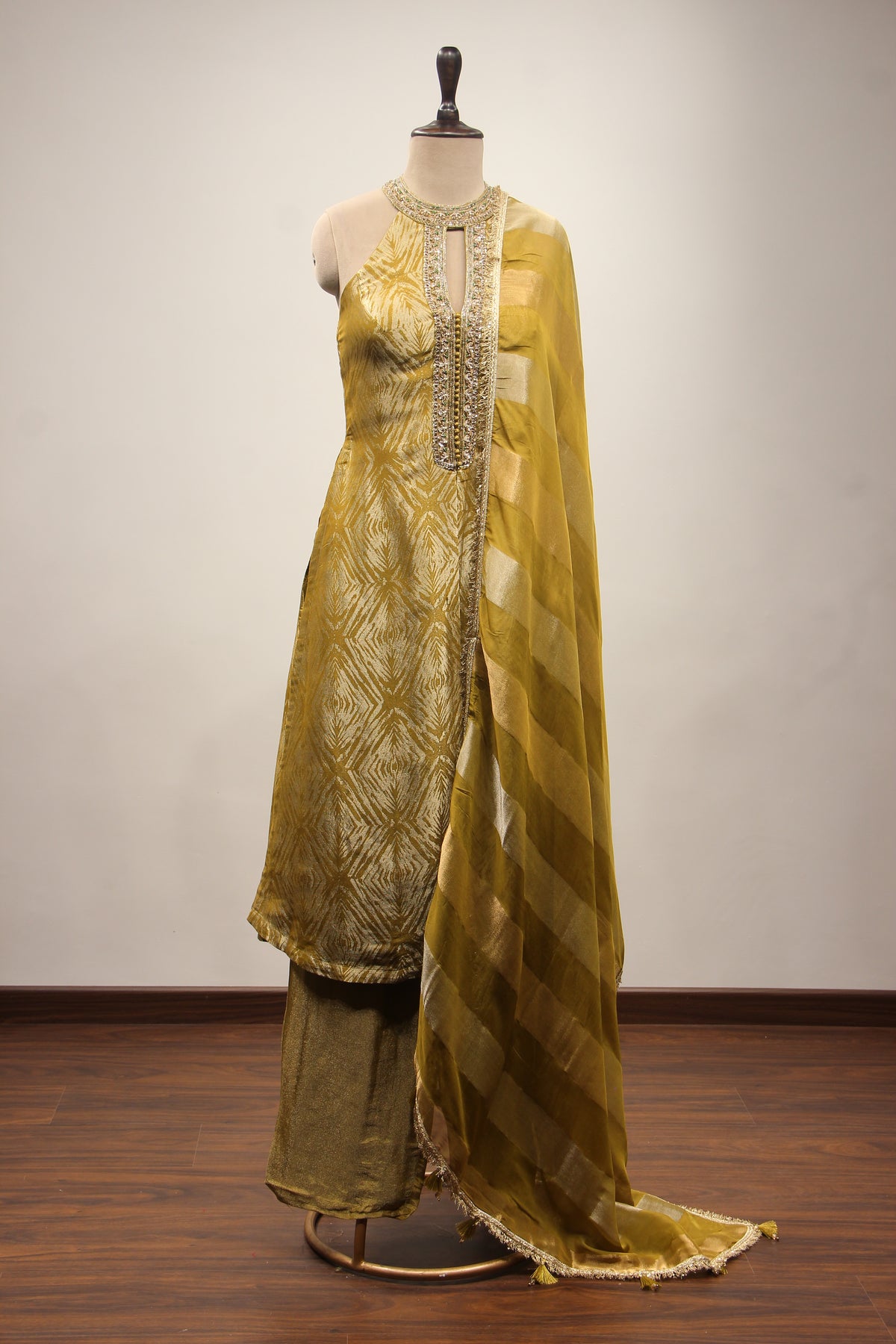 Mehendi Banarasi Brocade Pant Suit with Zardozi & Cut Dana Handwork – front view