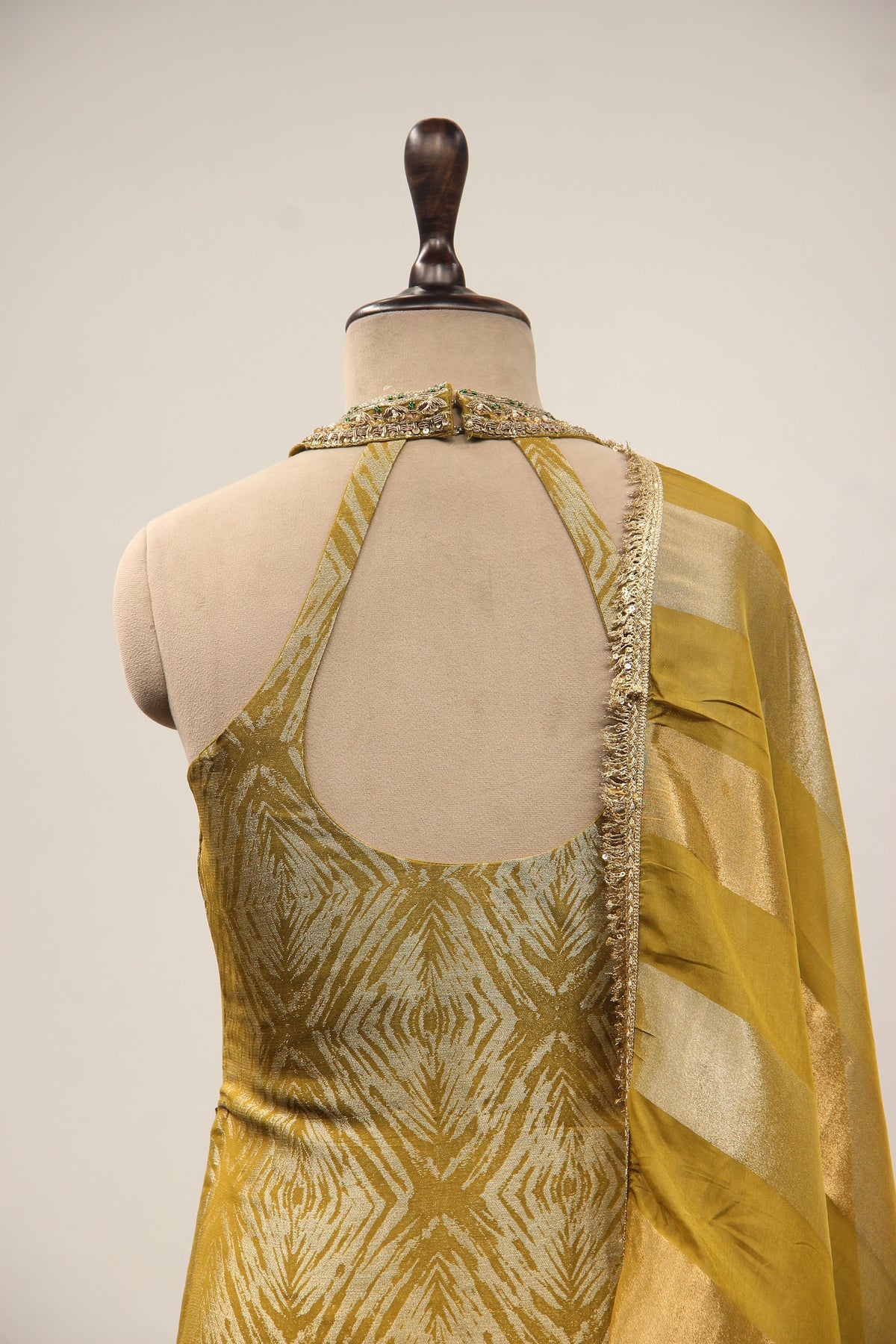 Mehendi Banarasi Brocade Pant Suit with Zardozi & Cut Dana Handwork – back close-up