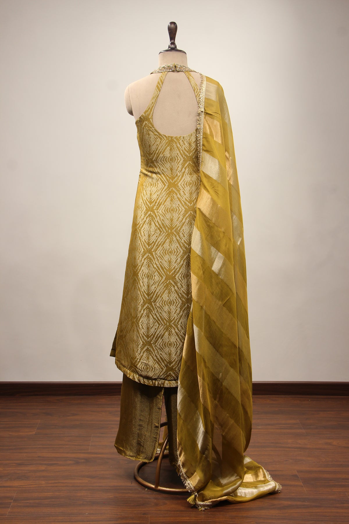 Mehendi Banarasi Brocade Pant Suit with Zardozi & Cut Dana Handwork – back view