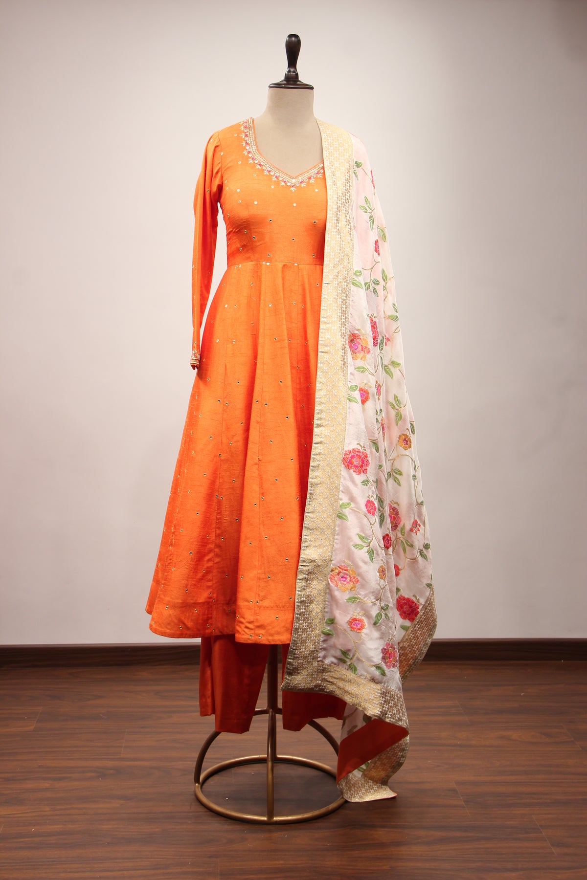 Orange Dupion Short Anarkali Suit with Zardozi Handwork and Mirror Embellishments