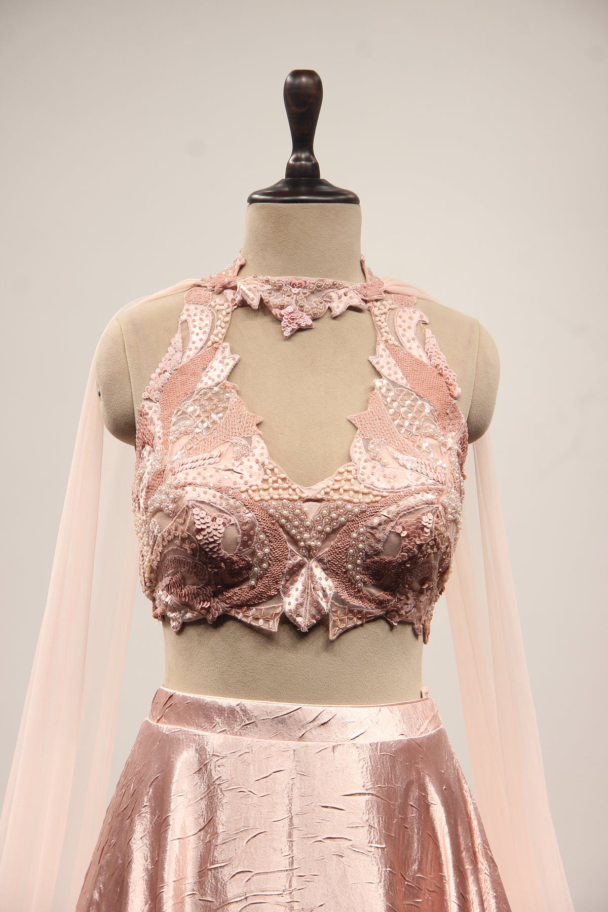 Satin Crush Lehenga with Halter Neck, Sequin & Cut Dana Handwork