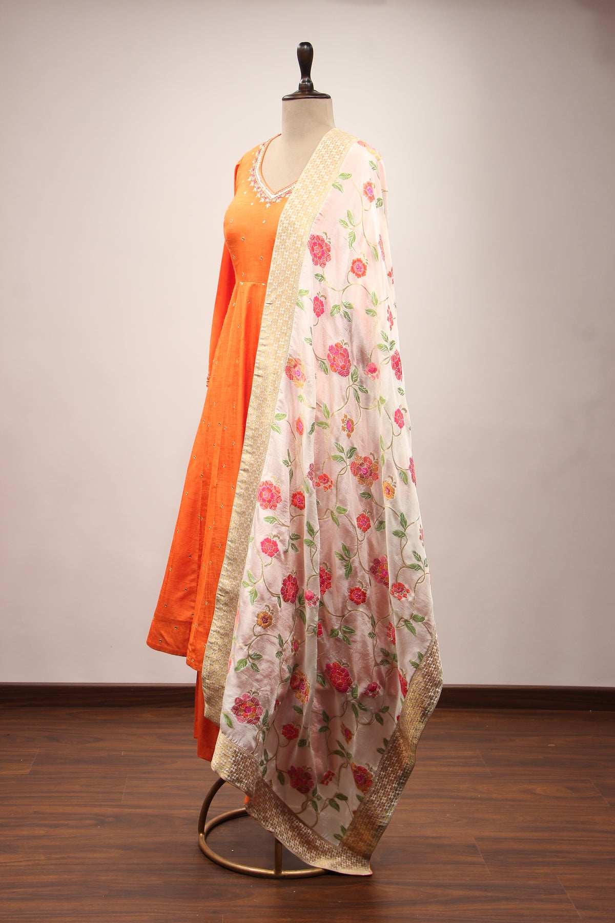 Orange Dupion Short Anarkali Suit with Zardozi Handwork and Mirror Embellishments